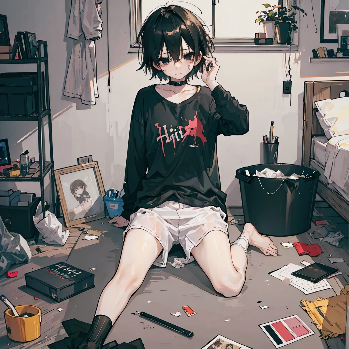 Dark bedroom, cluttered messy, trash everywhere, hite shirt, cute, dark, depressing, messy