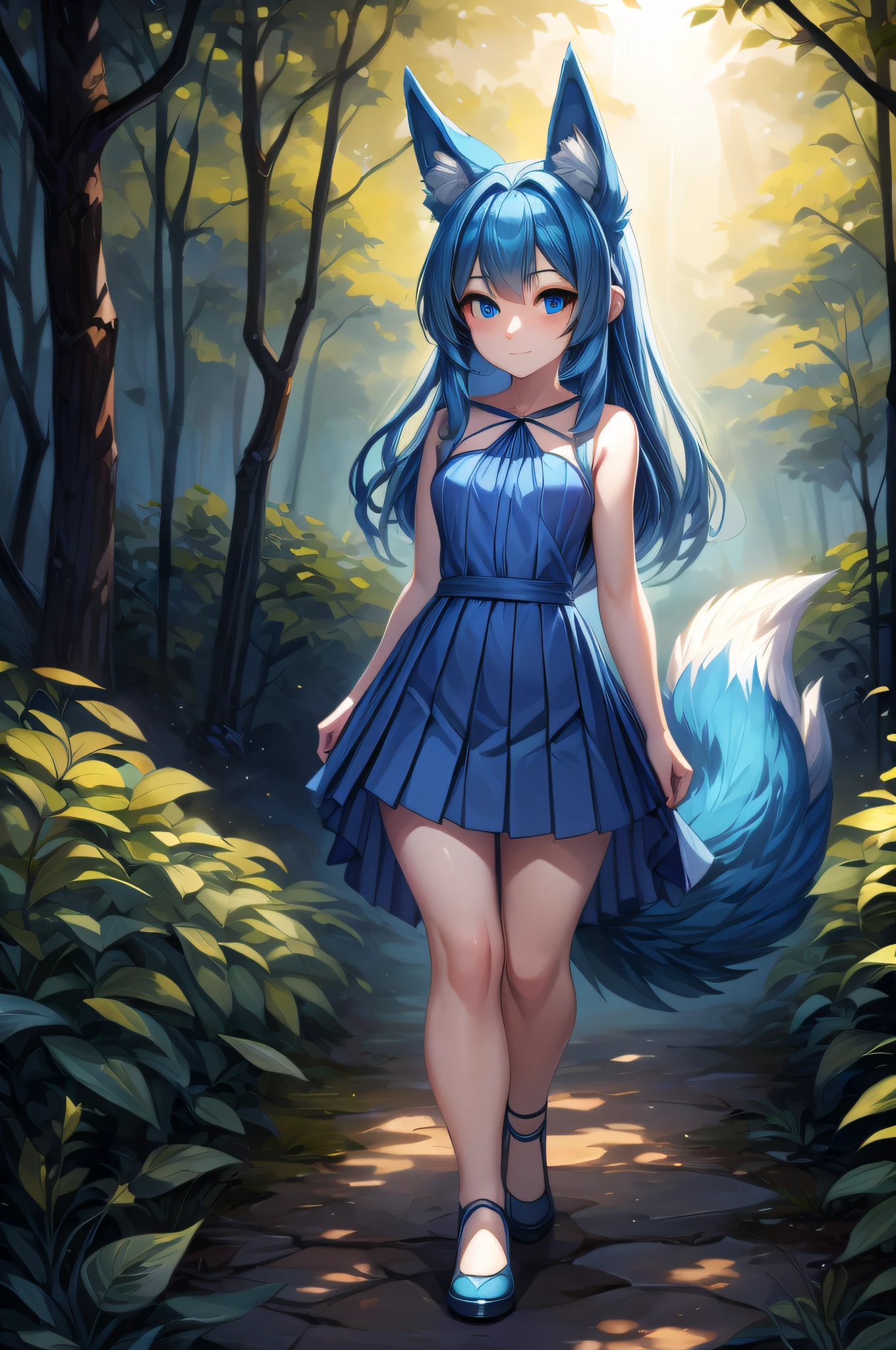 (Masterpiece) (High Detail) (High Res) A short humanoid girl with pale skin and blue eyes and long blue hair and blue dog ears and a big fluffy dog tail is walking through a bioluminescent forest at night time. It is dark but the plants are bioluminescent and give off blue, green and red light. She is wearing a light white dress with a pleated hem.