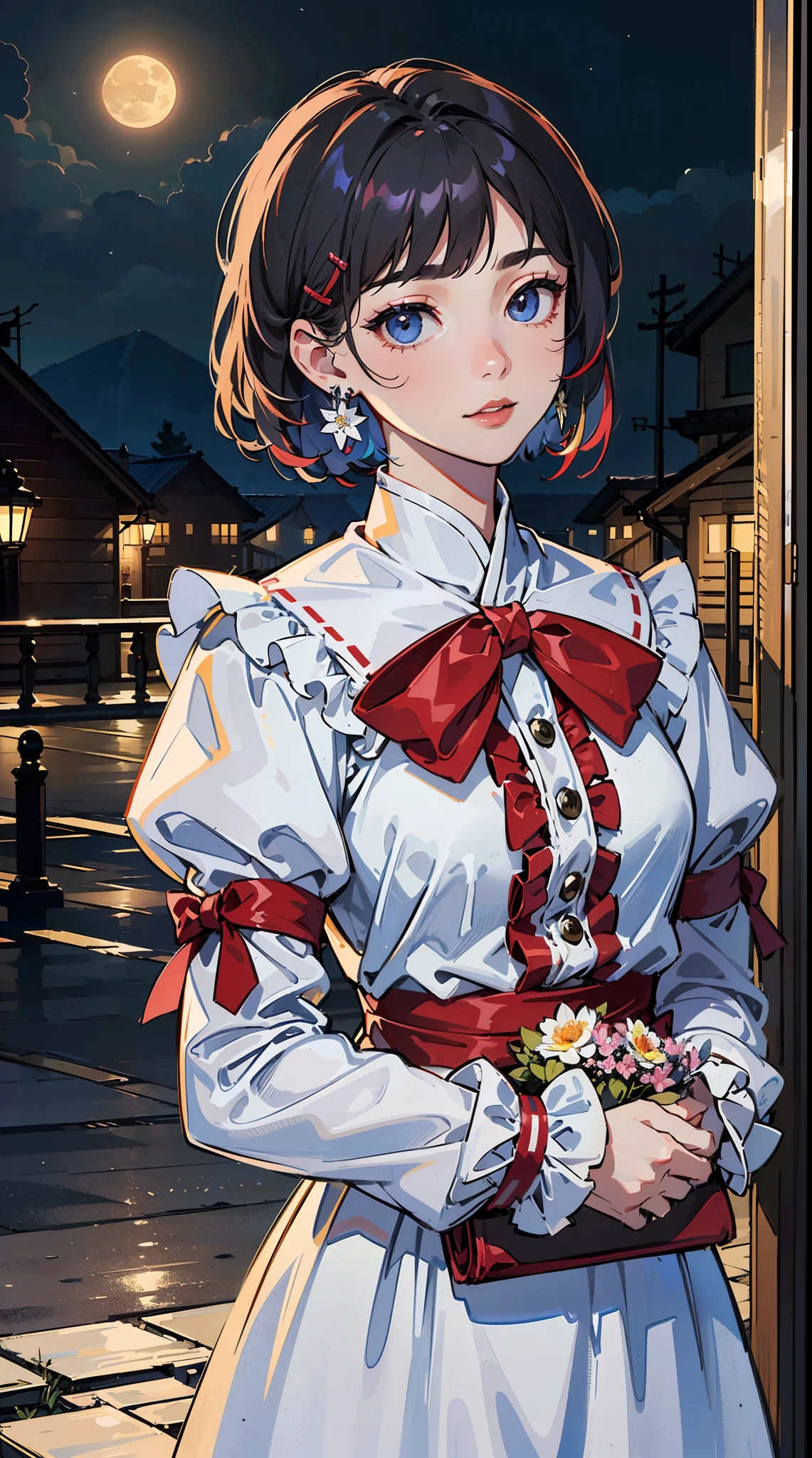 ((((carrying flower on back,Finger sleeves,))))((hands in pockets,))(Masterpiece illustration,Beautiful and aesthetic:1.2,aim to viewers), Best quality,Top quality, Epic quality,((((valley,outdoor,))))(moonlight,moon glare, god light,at night,upper upper shot,focus on face,))Neat face,underage,mature,Beautiful detailed hair,black hair,hyper HD, retinas, Textured skin, A high resolution, 16k ,((hairclip,steep bangs,sidelocks,short hair,Large bow on hair)),Detailed face, 1JK, lady,Solo, Perfect face, Very amazing girl,((鎖骨,puffs sleeves,red streaked white trace shirt,frills,lolita dress,metal earrings,spiral earrings)),rim-light