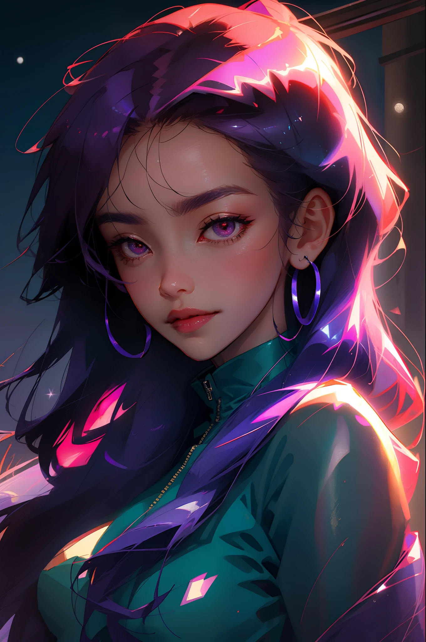 Suko Kusanagi　Ghost in the Shell
, Purple hair, Red Eyes, Cropped jacket, Leotard, 8K, Background of streets in Tokyo City, Night, Stars, Moon, Perfect Detail, head shot, portrait closeup:1.3, zoomed in, Looking at Viewer:1.3, Smiling