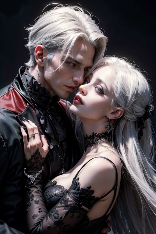 (best quality,4k,8k,highres,masterpiece:1.2),ultra-detailed,(realistic,photorealistic,photo-realistic:1.37),a very beautiful white-haired vampire kissing a very beautiful gothic oriental woman, the woman has black hair,portraits,detailed-lips,white hair,feminine,elegant,gothic style,detailed eyes,east asian,black hair,sharp focus,dark atmosphere,vivid colors,dark clothes,long-flowing hair