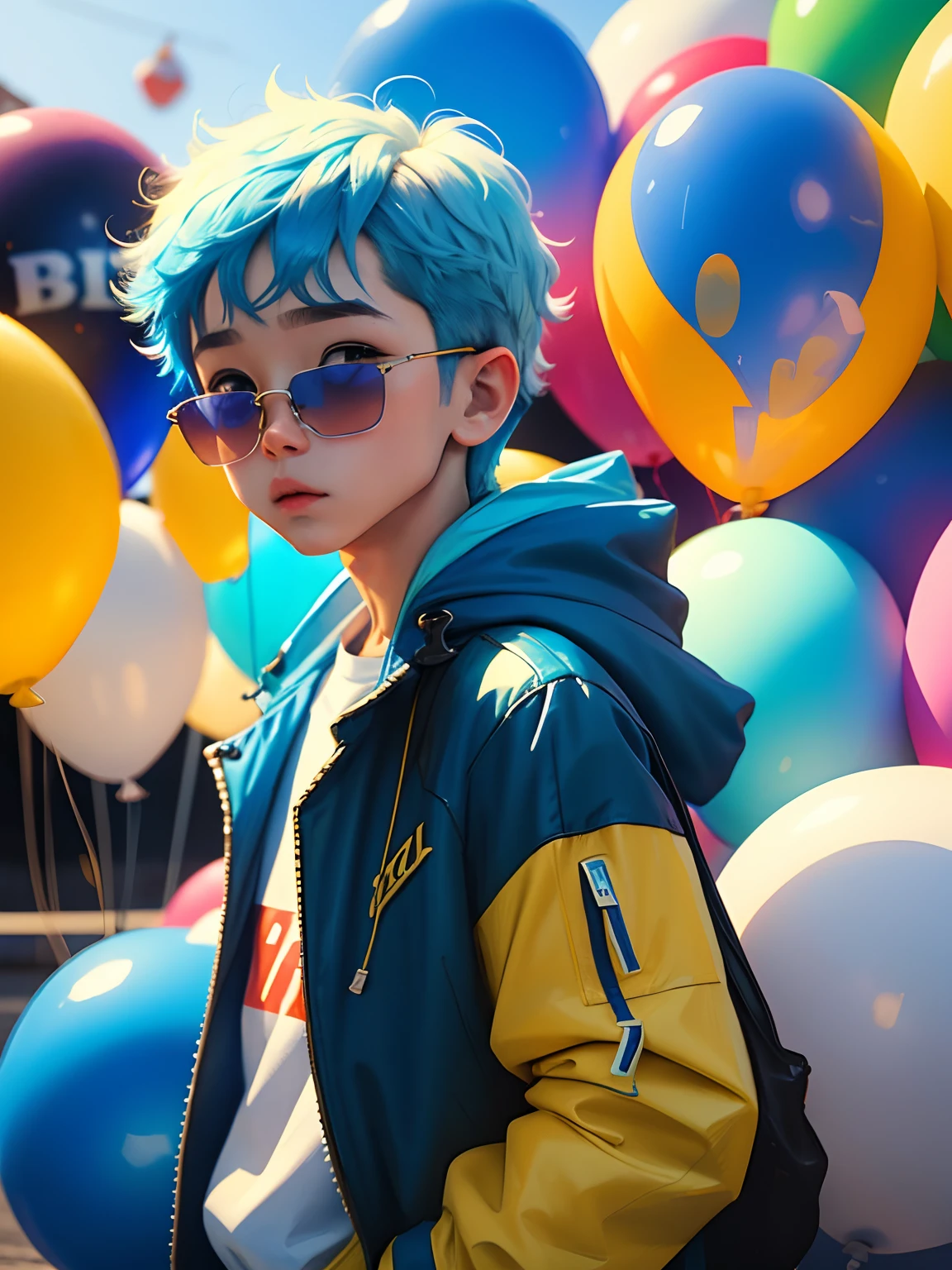 Loli boy, beautiful and cute, wearing blue sunglasses, yellow jacket, white sweatshirt, lots of colorful balloons, baby face, chibi style, red and blue two-color hair, twoblock hair, perfect detail eyes, delicate face, perfect CG, HD picture quality, colorful balloons, sky,