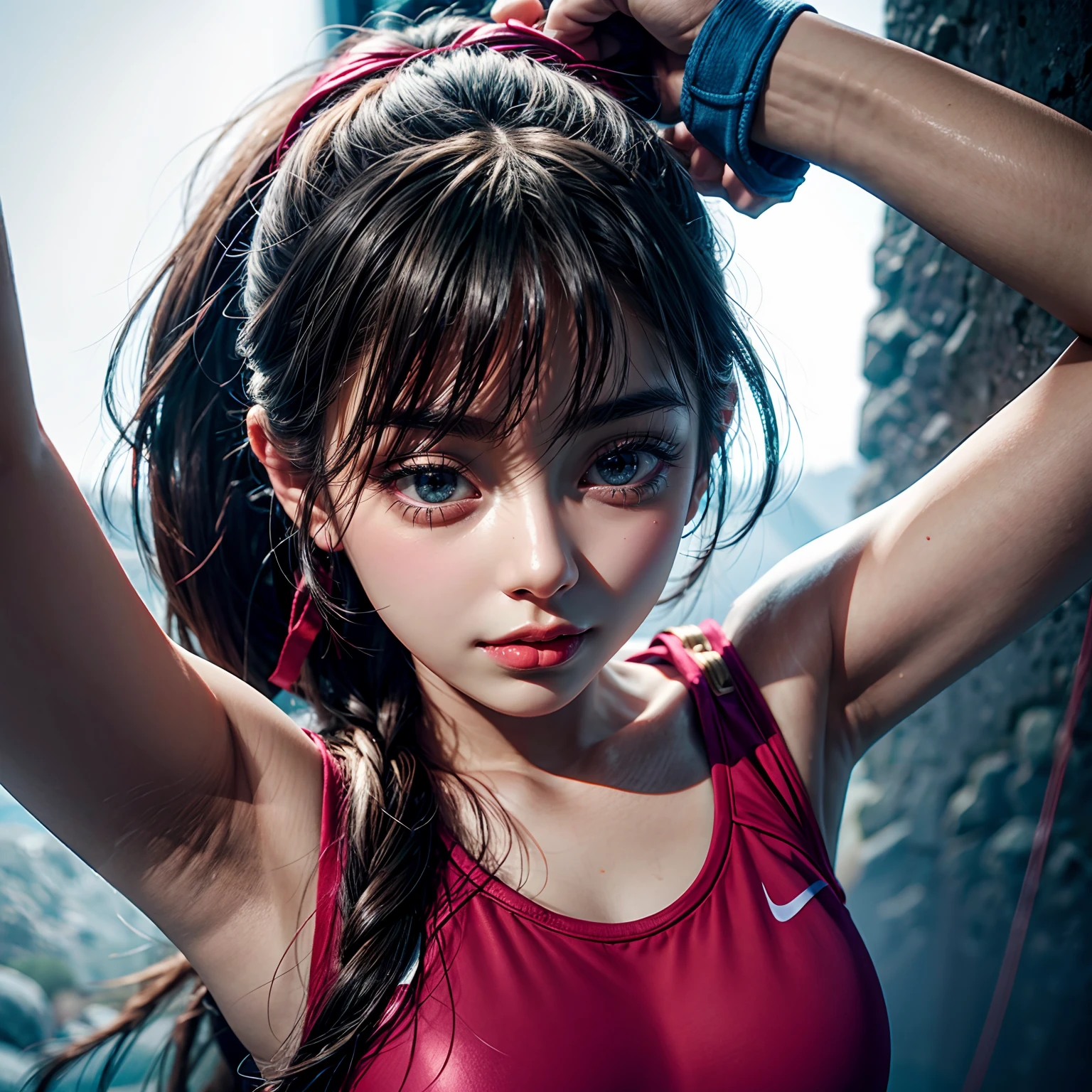 (best quality,ultra-detailed),portraits,climbing girl,Ai mori,sports climbing,top hold,very cute,vivid colors,studio lighting,sharp focus