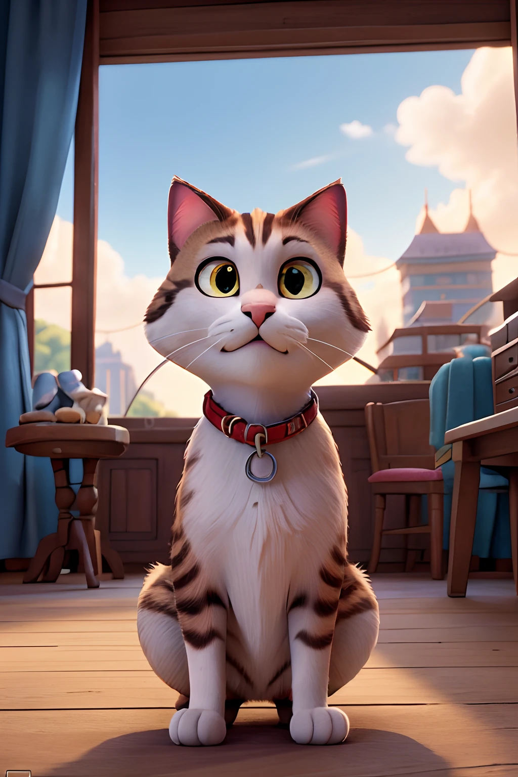 A poster of a movie in the style of the Disney Pixar cartoon "Valley" with the title "Richard" starring a cat of British breed, gray color with brown eyes against the background of the city. The scene should be in the typical Disney Pixar style with the name "Richard"