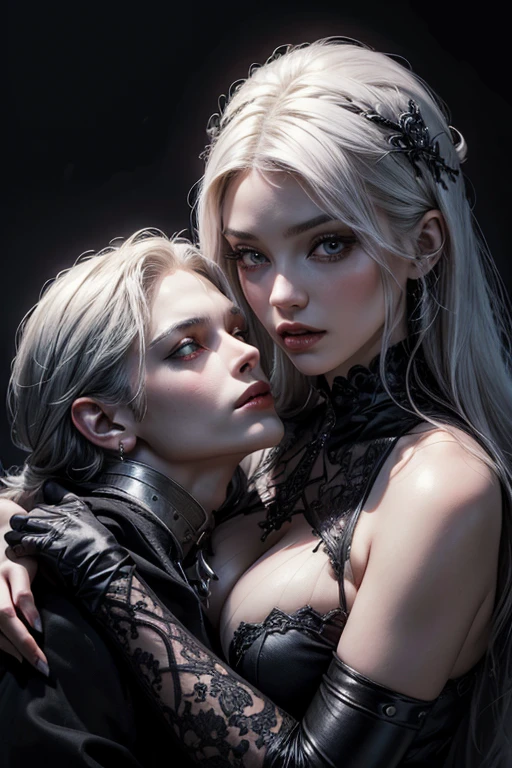 (best quality,4k,8k,highres,masterpiece:1.2),ultra-detailed,(realistic,photorealistic,photo-realistic:1.37),a very beautiful white-haired vampire kissing a very beautiful gothic oriental woman, the woman has black hair,portraits,detailed-lips,white hair,feminine,elegant,gothic style,detailed eyes,east asian,black hair,sharp focus,dark atmosphere,vivid colors,dark clothes,long-flowing hai