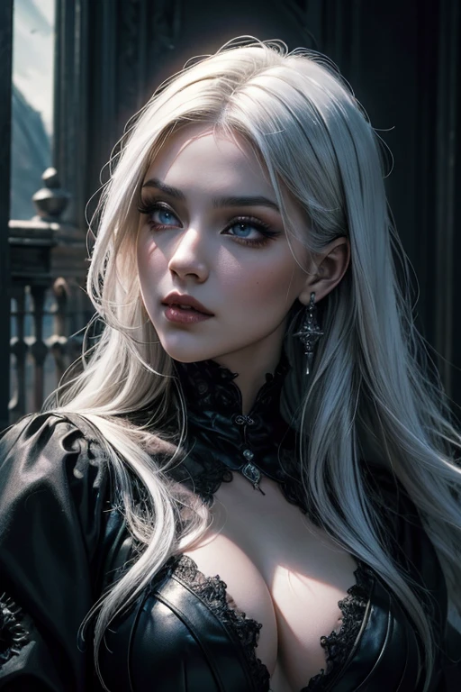 (best quality,4k,8k,highres,masterpiece:1.2),ultra-detailed,(realistic,photorealistic,photo-realistic:1.37),a very beautiful white-haired vampire kissing a very beautiful gothic oriental woman, the woman has black hair,portraits,detailed-lips,white hair,feminine,elegant,gothic style,detailed eyes,east asian,black hair,sharp focus,dark atmosphere,vivid colors,dark clothes,long-flowing hai