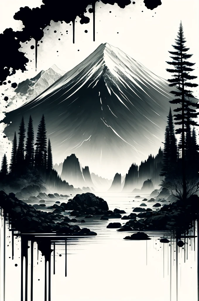 white background, scenery, ink, mountains, water, trees