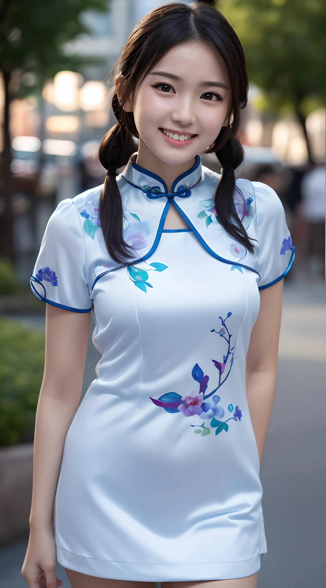 masutepiece, Best Quality, 8K, 18year old, Raw photo, (Cute smile,poneyTail:1.3), Solo, Cute face like an idol, Delicate girl, full body Esbian, Thigh close-up、Digital SLR, Looking at Viewer, Candid, Sophisticated,Hide your arms behind your back, Professional Lighting, Film grain, chromatic abberation, (Eyes and faces with detailed:1.0), (Bokeh:1.1) , (Cute ish face、with round face、Cheongsam with a cute pattern with a short length、I can see panties.、Clothes with emphasized chest bulge:1.4)