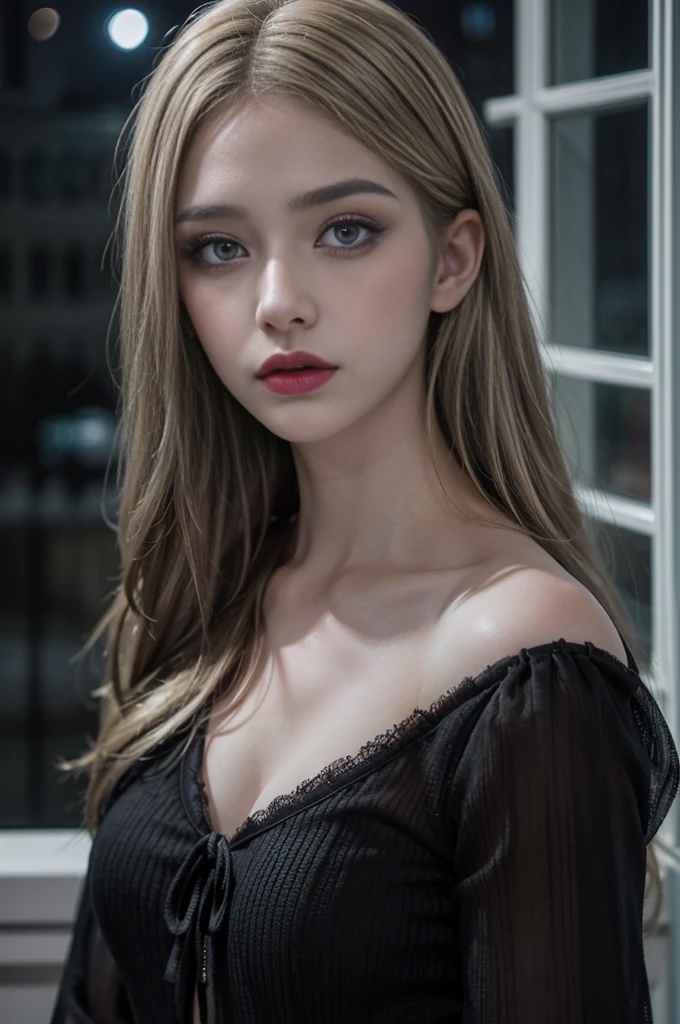 portrait of a cute girl, blonde, grey eyes, 25 years old, gothic clothes, (subdued moonlight, backlighting, blurred night city landscape behind the window:1.1), 8k, extremely detailed face and eyes, emotionless face, (pale skin, gothic make-up:1.15)