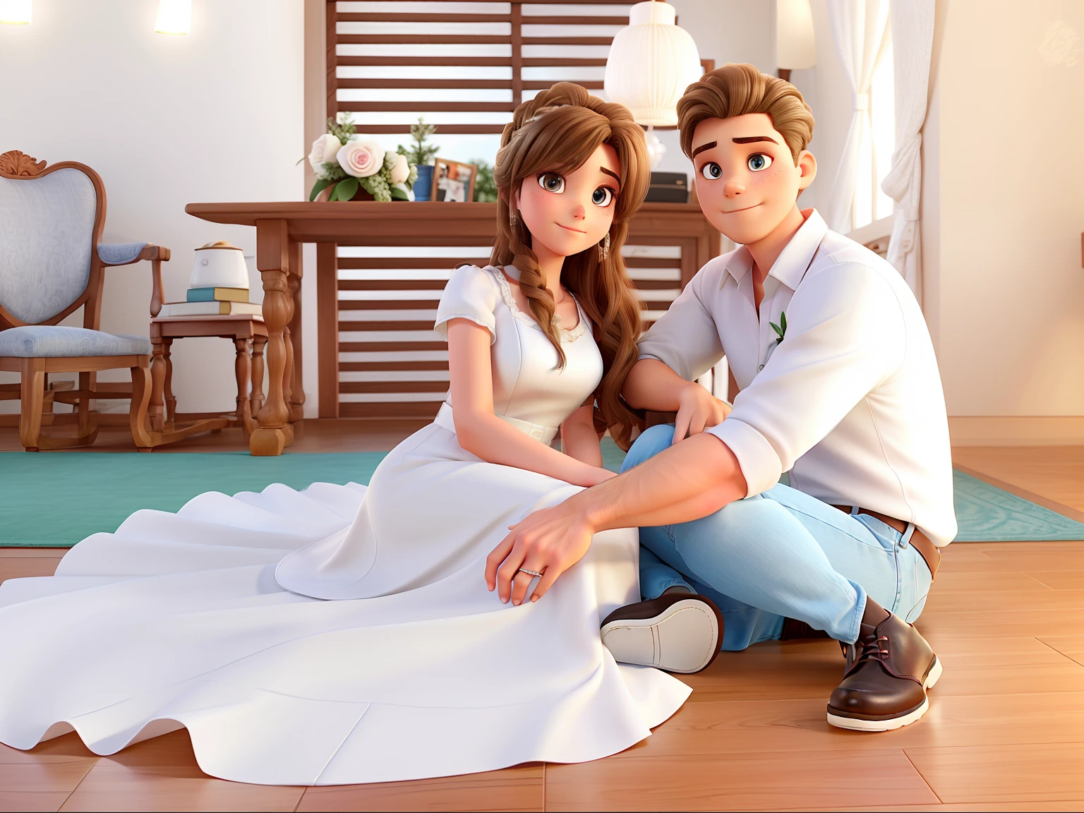 Wedding couple sitting on the floor, a noiva tem cabelo longo preto esta com um penteado de lado com um arranjo no cabelo, Her dress is white and she has dark-pupiled eyes, The groom is wearing white boots and a dress shirt and light blue jeans, This one, in turn, has his hair cut low and is dark blonde and has his legs crossed one on top of the other