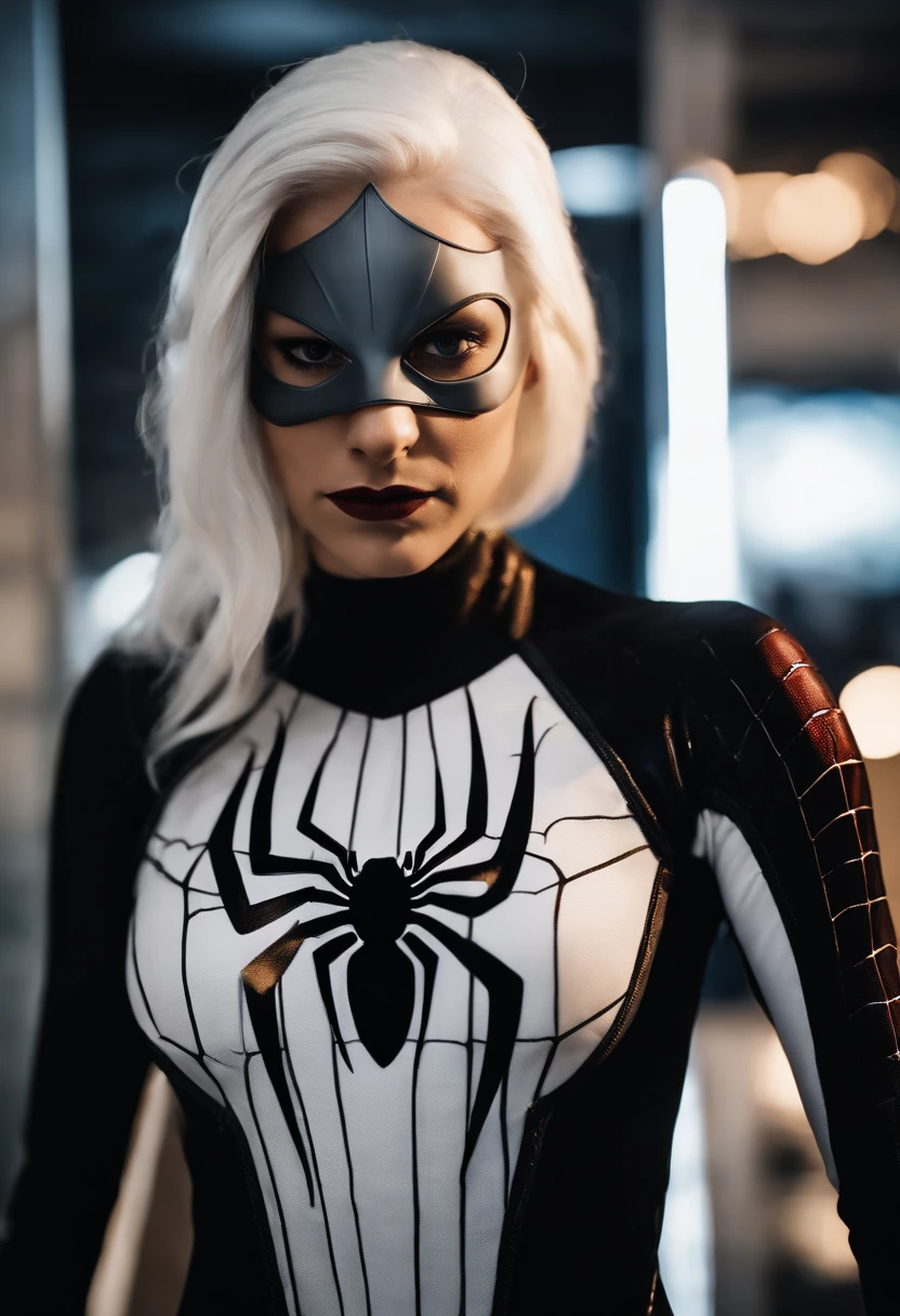 1girl white hair, with a small mask wearing a black latex suit with spider man looking at viewer, upper body, facing viewer,