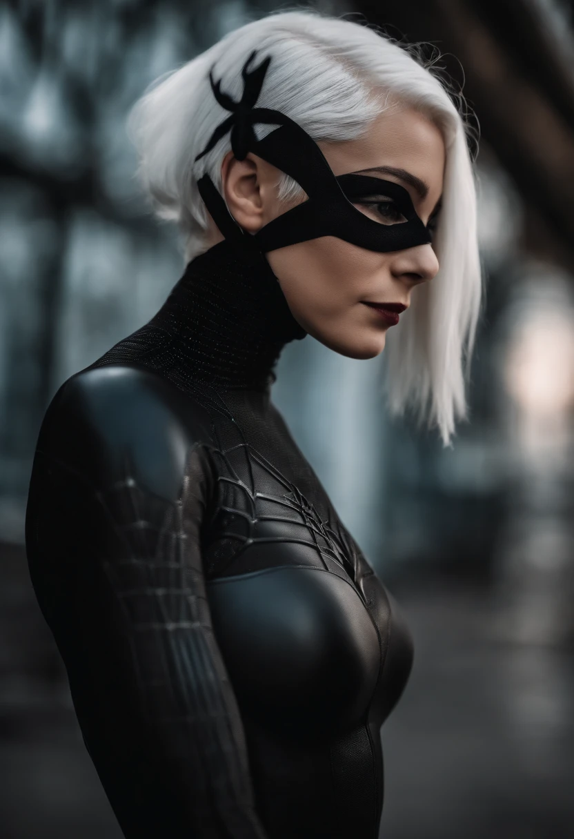 1girl  white hair, with a small mask wearing a black latex suit with spider man looking at viewer, upper body, facing viewer,