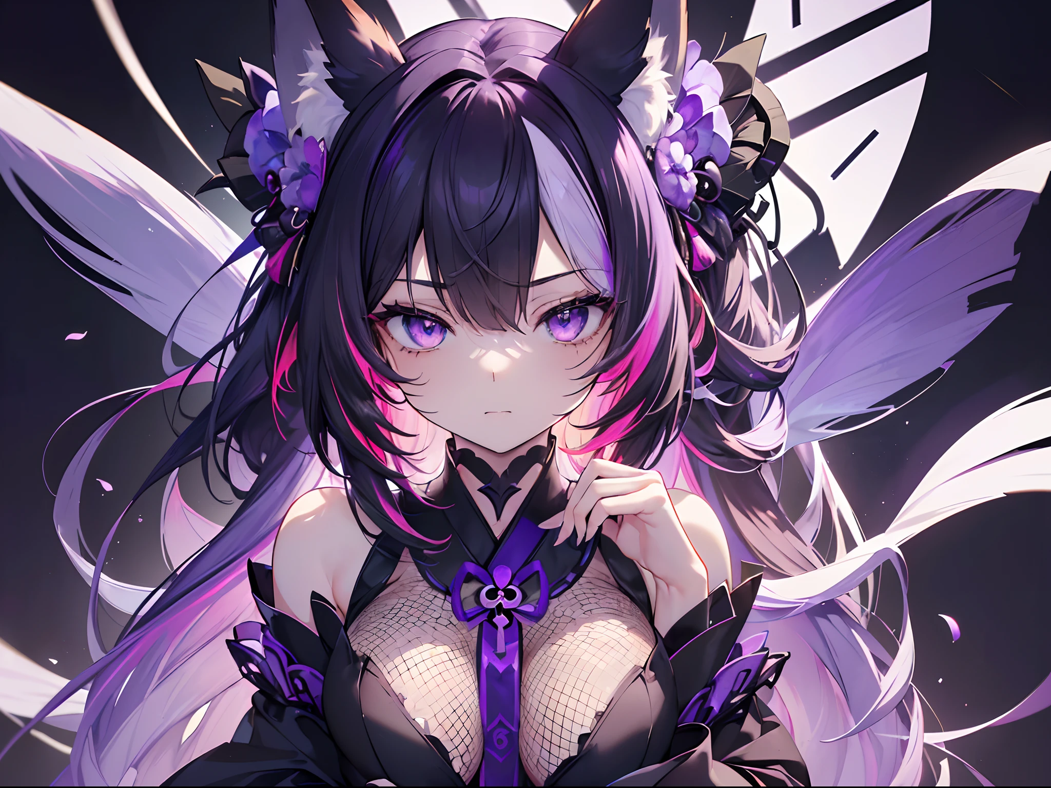 masterpiece, best quality, super fine illustration, perfect anatomy, perfect eyes, correct anatomy, perfect proportion, perfect face, perfect hands, perfect legs, perfect fingers, perfect hands, professional lighting, best quality, ultra detailed, extremely delicate and beautiful, 4k, 8k,,1girl, fox girl, (((multicolored hair:1.2)(white 1.2)(purple  1.2), fox ears, long Hime hair, fox tail, black kimono with flowers , fishnet, SHY expression, perfect skull ribbon, lavender eyes, close up ,fit to frame, solid green background, masterpiece, best quality, super fine illustration, perfect anatomy, perfect eyes, correct anatomy, perfect proportion, perfect face, perfect hands, perfect legs, perfect fingers, perfect hands, professional lighting, best quality, ultra detailed, extremely delicate and beautiful, 4k, 8k,,1girl, cyber fox ears, cyber fox tail, cute face, gothic cross ear rings, black dress, purple hair and black hair, layered hair, black skirt, fishnet stockings, lavender eyes, green background