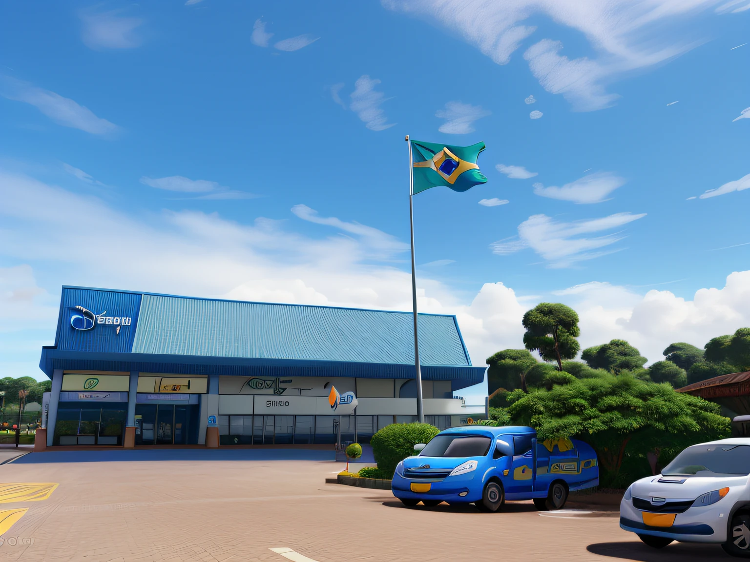 Criar IA estilo disney pixar de uma empresa chamada ROCO, com a logo ROCO na fachada, com a bandeira do brasil pendurada em um mastro na frente da empresa. in high definition