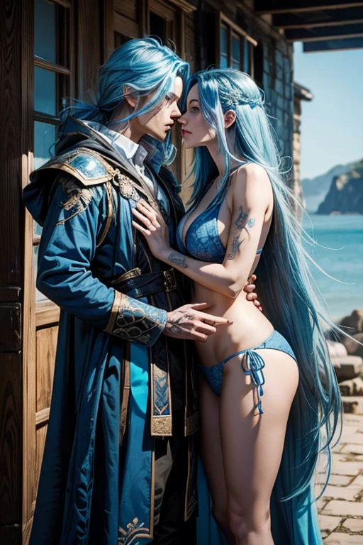 a very handsome androgynous man(woman face) with long blue hair wizard clothes refined kissing a very pretty woman with blue hair and  using bikini