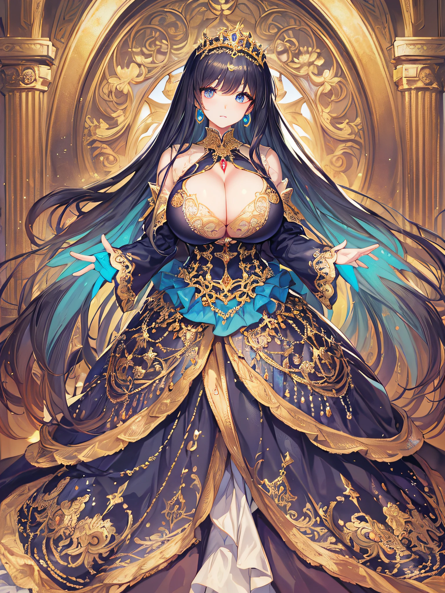 anime artstyle,Masterpiece,(Best Quality), (Super Detail),(Very Delicate and Beautiful),(Solo),((full body portrait)),full body,full body portrait,(detailed face and eyes),jewel-like beautiful eyes,((1 princess in a beautiful embroidery and jeweled rococo princess ballgown with voluminous full length hoop skirt)),((fantasy castle,outdoors,outside the castle)),((Crinoline,Long Train)),super detailed gorgeous princess ballgown with voluminous full length hoop skirt,jeweled Gorgeous rococo princess ballgown with long train,jeweled Gorgeous rococo princess ballgown with long train,gorgeous rococo princess ballgown with beautiful embroidery and jeweled,((large amount of straight hair,extremely voluminous Very Long straight Hair,Absolutely Long Straight Hair)),(((very gigantic boobs,cleavage))),long_gloves,extremely gorgeousfull hair ornament,bling-bling extremely gorgeousfull jeweled tiara,luxurious jewelry,full body portrait