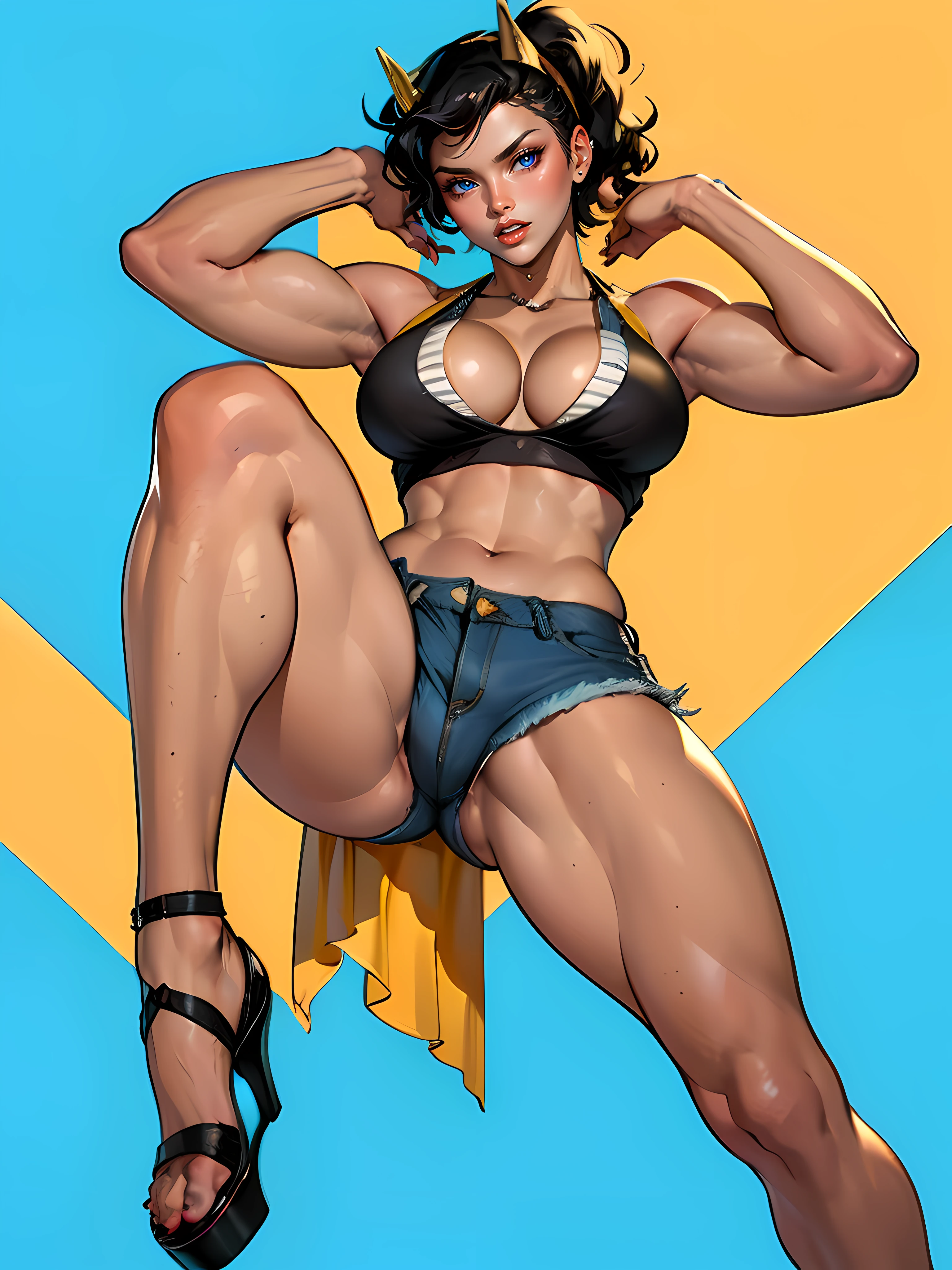 (high quality, best rendering), (beautiful girl), black hair(bombshell, pin-up style), psychopath, crazy face, sexy pose, jean short shorts, tank top, pastel, centered, scale to fit dimensions, micro thong, micro bikini, camel toe