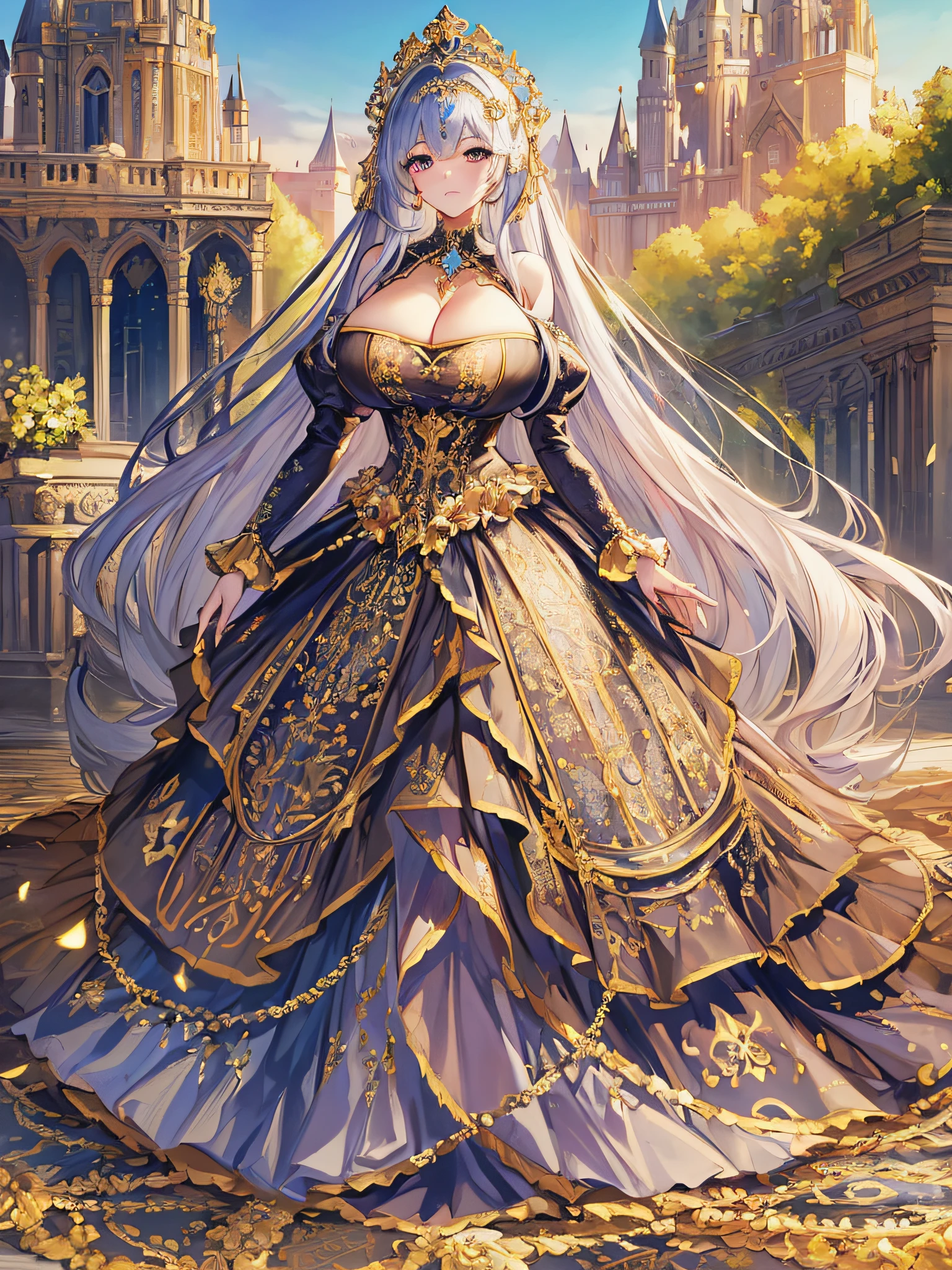 anime artstyle,Masterpiece,(Best Quality), (Super Detail),(Very Delicate and Beautiful),(Solo),((full body portrait)),full body,full body portrait,(detailed face and eyes),jewel-like beautiful eyes,((1 princess in a beautiful embroidery and jeweled rococo princess ballgown with voluminous full length hoop skirt)),((fantasy castle,outdoors,outside the castle)),((Crinoline,Long Train)),super detailed gorgeous princess ballgown with voluminous full length hoop skirt,jeweled Gorgeous rococo princess ballgown with long train,jeweled Gorgeous rococo princess ballgown with long train,gorgeous rococo princess ballgown with beautiful embroidery and jeweled,((large amount of straight hair,extremely voluminous Very Long straight Hair,Absolutely Long Straight Hair)),(((very gigantic boobs,cleavage))),long_gloves,extremely gorgeousfull hair ornament,bling-bling extremely gorgeousfull jeweled tiara,luxurious jewelry,full body portrait