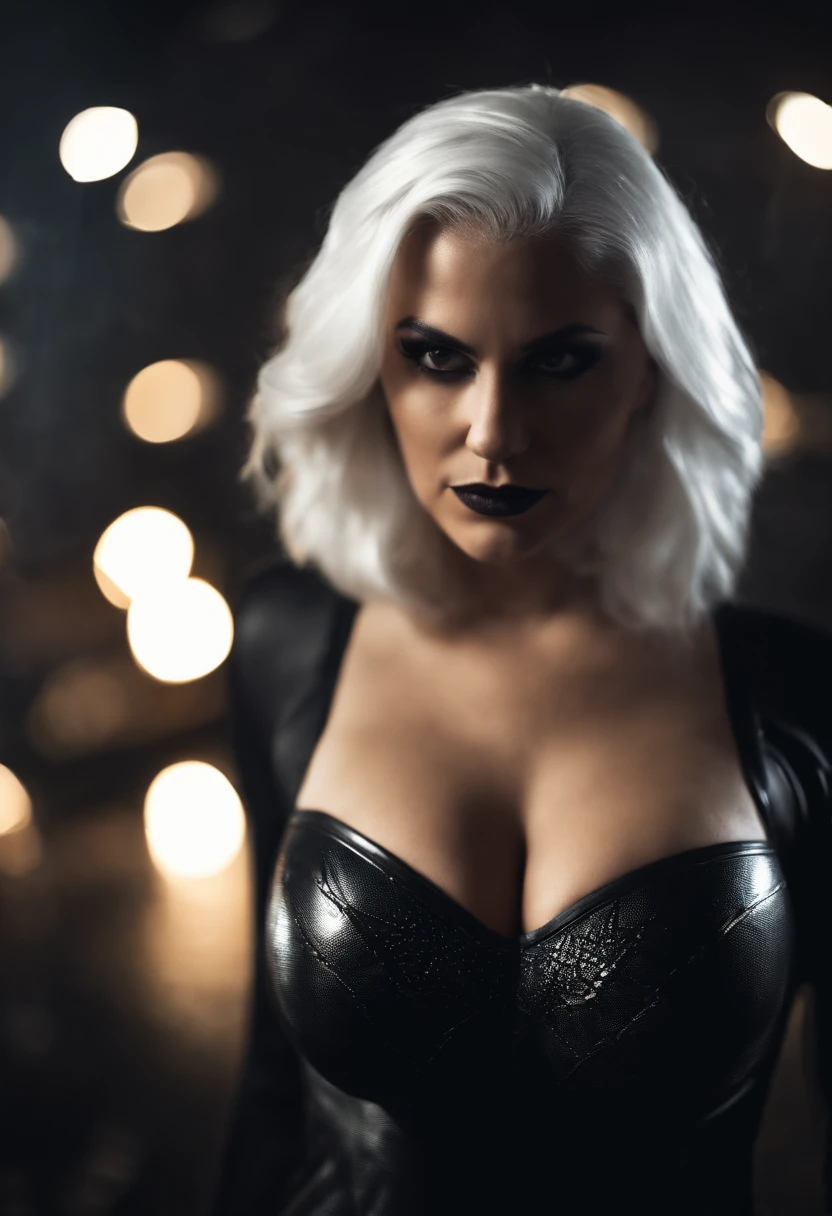 1woman, white hair, with a small mask wearing a black latex spider man suit, large breasts, curvy, erect nipples