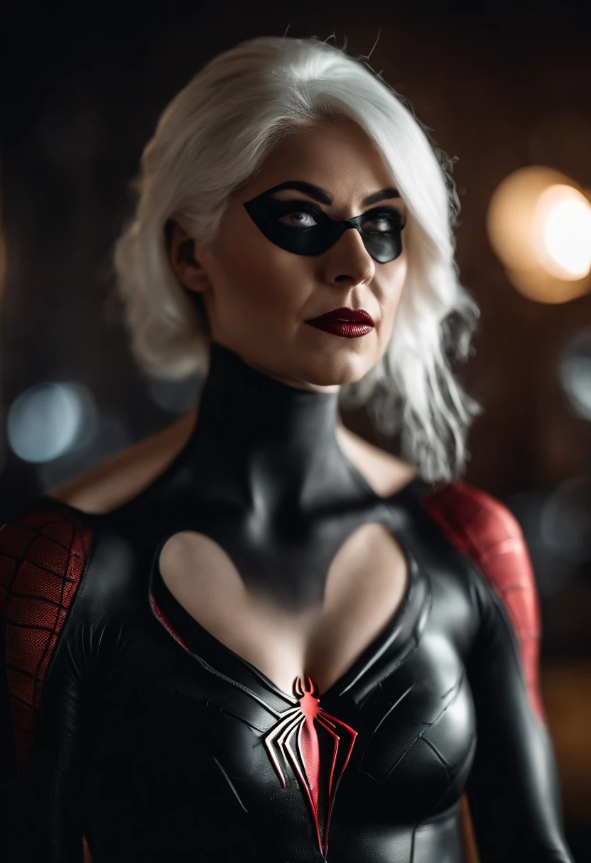 1woman, white hair, with a small mask wearing a black latex spider man suit, large breasts, curvy, erect nipples