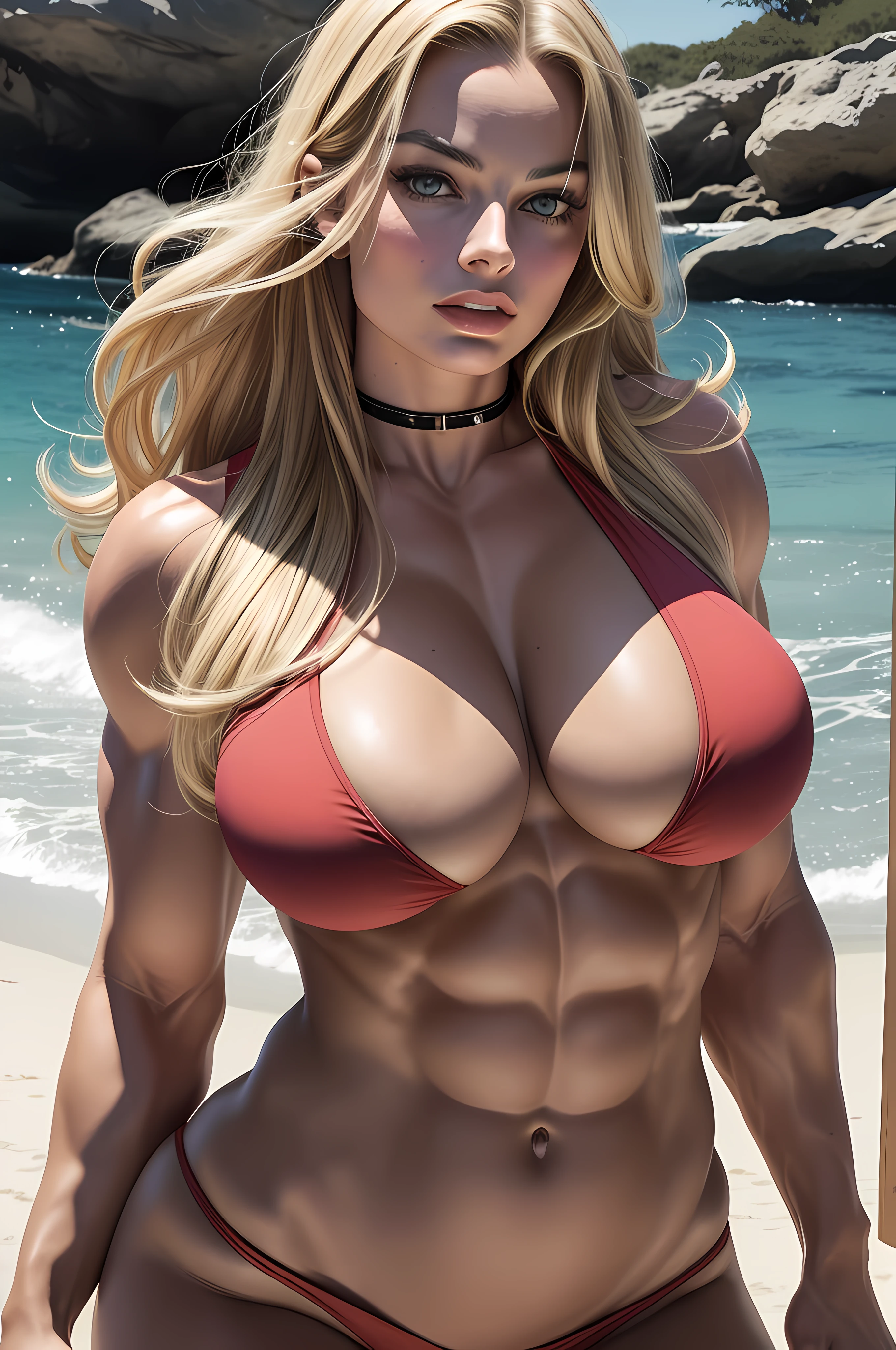 margot robbie, absolutely gorgeous woman, Latina, perfect body, amazon, flawless, bodybuilder, ripped, very defined, goddess, very muscular, gigantic, oversized breasts, gigantic breasts larger than her head, wide, large, hulking, beefy, big fat thick lips, sexy, incredible, amazing, massive boobs, hard , hairless arms, shocked look on her face, ((((huge muscles))))