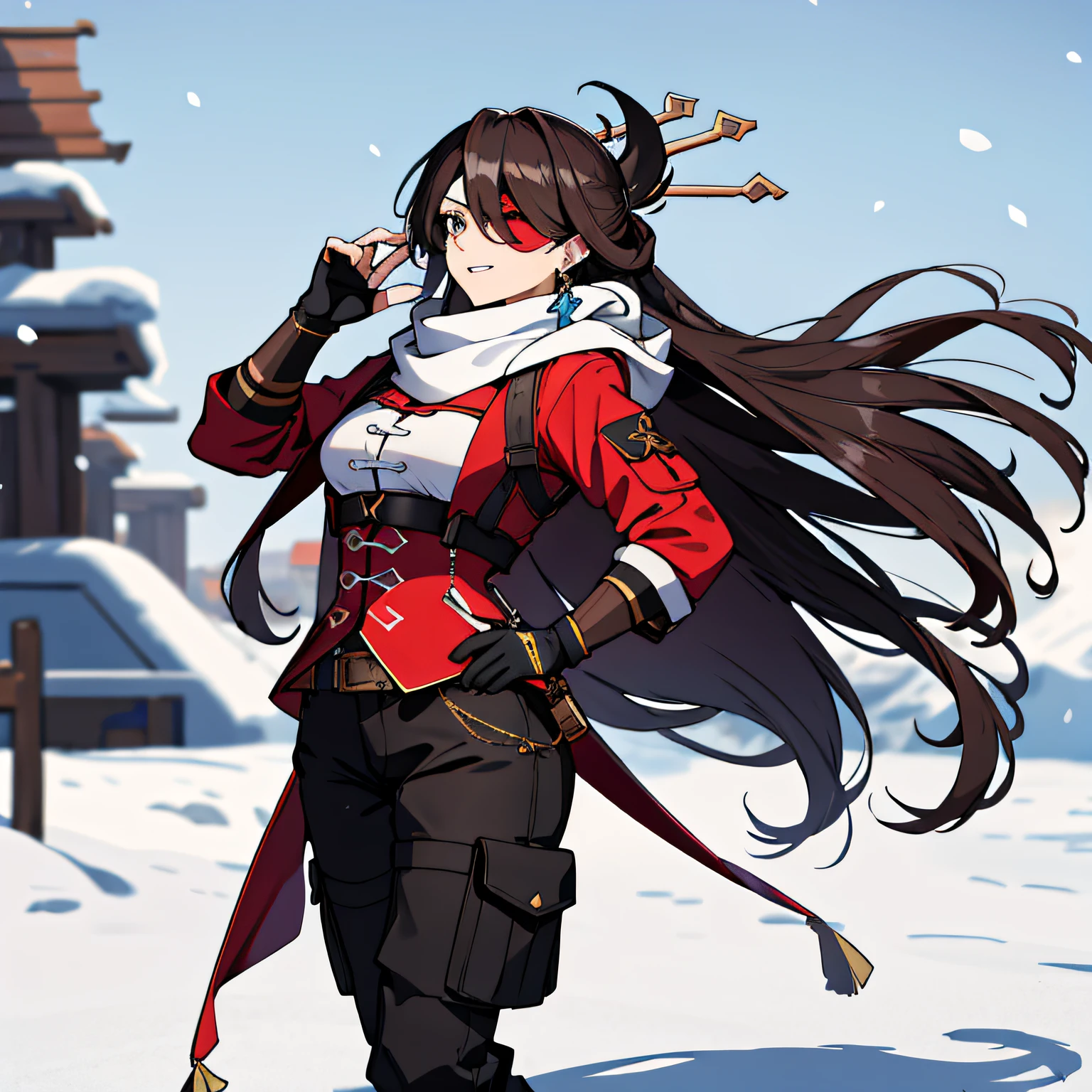(absurdres, 8k, 4k, masterpiece, hyper extreme detailed:1.2), solo, 1girl, front view portrait, best quality, expressive eyes, perfect face, 1girl, portrait, solo, Female, mature female, adult, brown hair, eyepatch, long hair, pirate, cool, confident, perfect anatomy, messy hair, wild hair, snowy, day time, white sky, cowboy shot, full body, perfect anatomy, flowing hair, windy hair, wind, beidoudef, beidournd, winter wear, front view, looking forward, toned body, muscular, athletic, flexible, strong, large bust, winter coat, long sleeve shirt, scarf, cargo pants, gloves, snow, snowy, winter, blizzard,