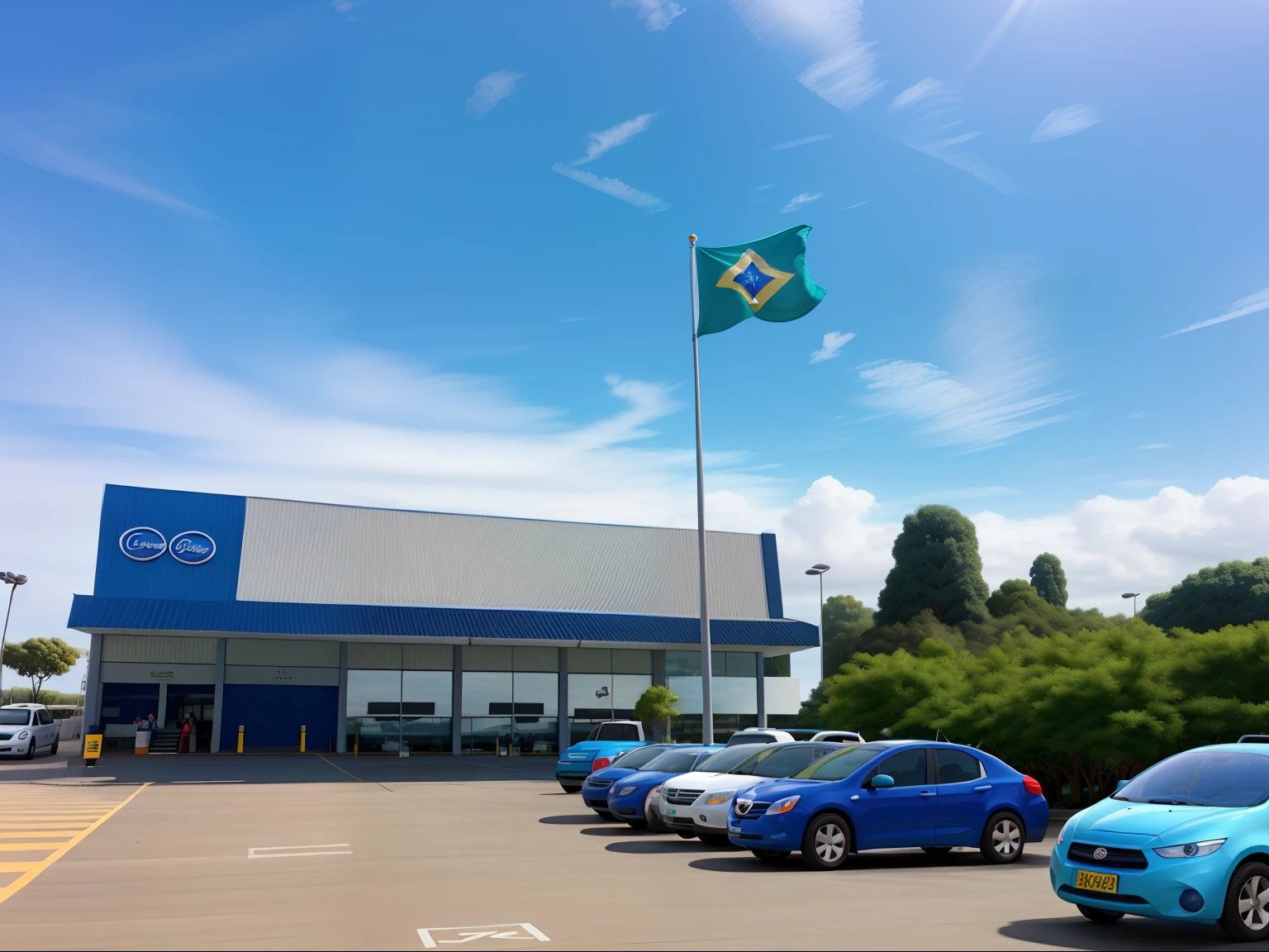 Criar IA estilo disney pixar de uma empresa chamada ROCO, blue skies, dia de sol dia bonito, Trees around the company. sem carros da frente, sem carros, tirar pessoas da fotos, sem pessoas. Mastro com a bandeira do Brasil na frente da empresa. in high definition
