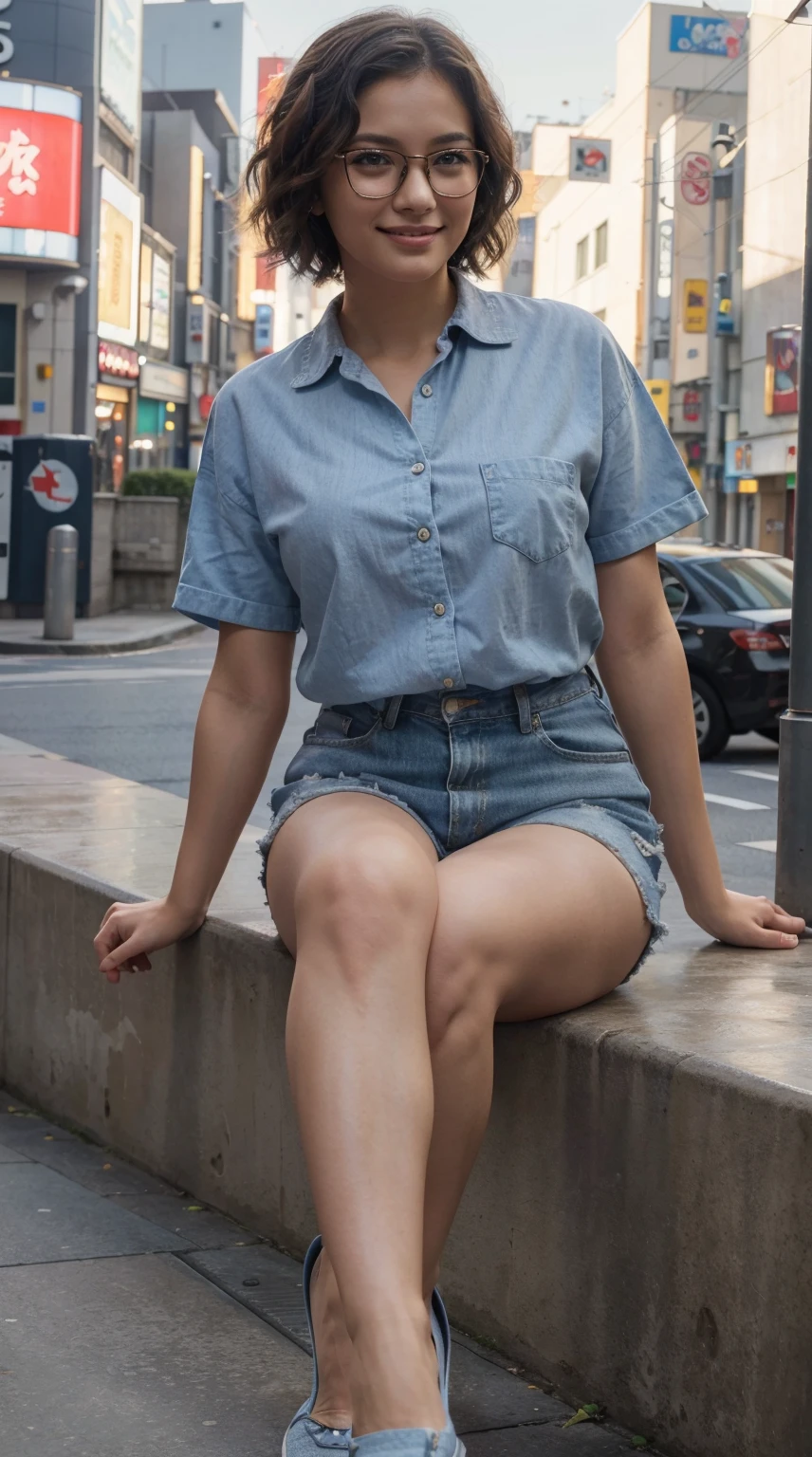 (Top Quality, 8k, 32k, Masterpiece, UHD: 1.3), (Charming Japan Female Pictures), One Girl, (Short Wavy Hair), Ultra Detailed Face, Detailed Lips, Fine Eyes, Double Eyelids, casual shirt, watching movies at cinema, beautiful hair color, short hair, casual shirt, wearing casual shirt, at the cinema , perfect poses, wearing casual shoes, perfect legs, perfect legs poses, perfect smile, watching on the cinema, watching movies, wearing glasses