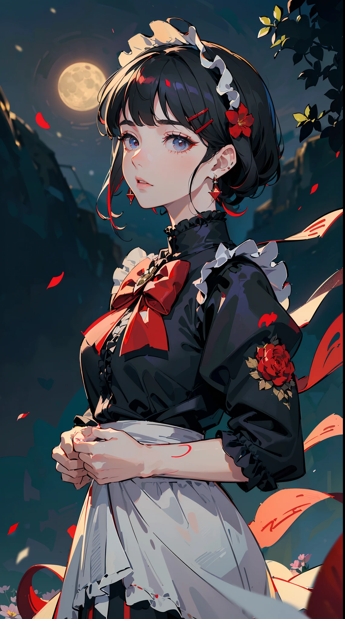 ((((carrying flower on back,))))((hands in pockets,))(Masterpiece illustration,Beautiful and aesthetic:1.2,aim to viewers), Best quality,Top quality, Epic quality,((((valley,outdoor,))))(moonlight,moon glare, god light,at night,upper upper shot,focus on face,))Neat face,underage,mature,Beautiful detailed hair，black hair，hyper HD, retinas, Textured skin, A high resolution, 16k ，((hairclip,steep bangs,sidelocks,short hair,Large bow on hair)),Detailed face, 1JK, lady,Solo, Perfect face, Very amazing girl,((,puffs sleeves,red streaked black trace shirt,frills,lolita dress,metal earrings,spiral earrings)),rim-light