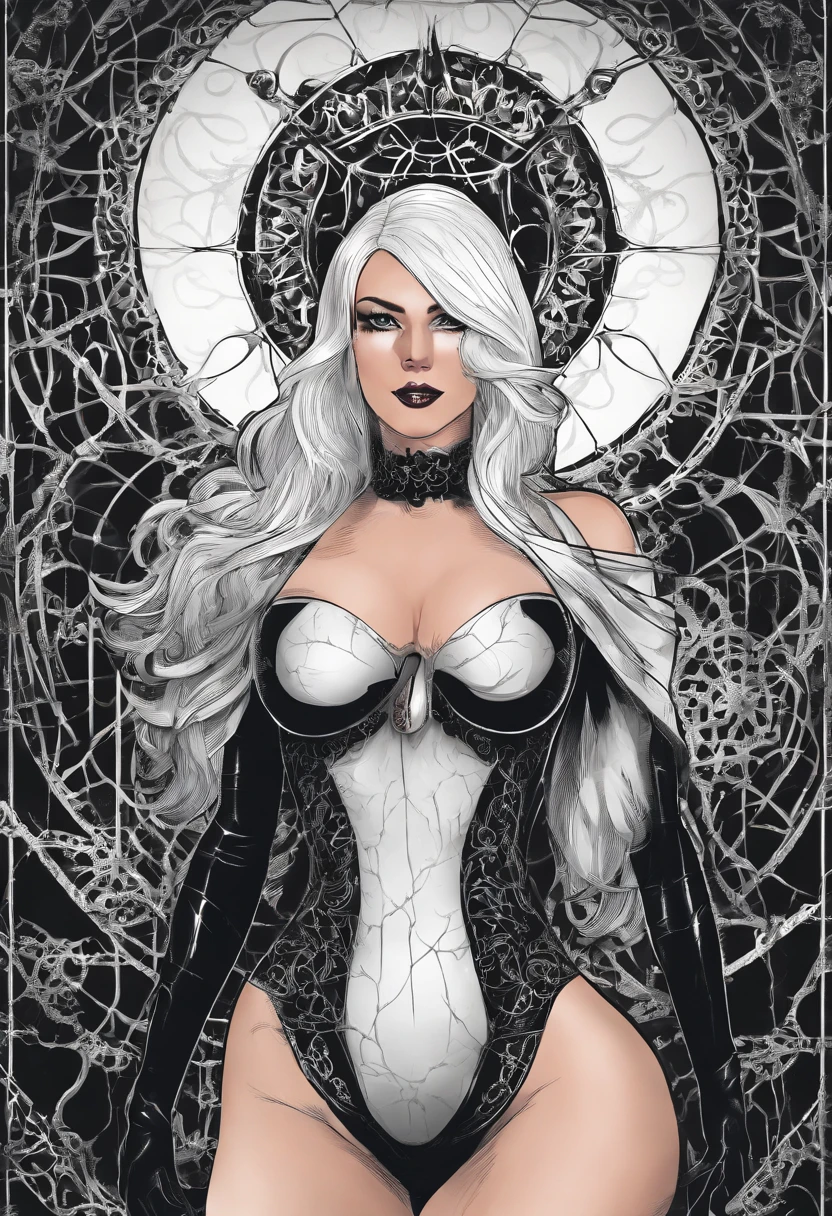 1woman, white hair, with a small mask wearing a black latex spider man suit, large breasts, curvy, erect nipples
