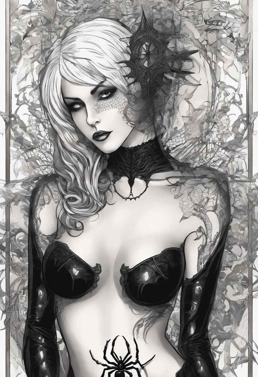 1woman, white hair, with a small mask wearing a black latex spider man suit, large breasts, curvy, erect nipples