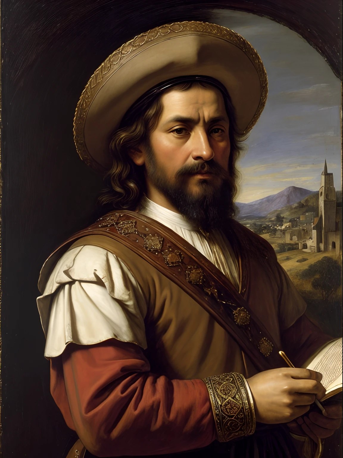 A male medieval conquistador in explorors clothing, daytime, brown skin, greying hair, medieval aesthetics, paninted photo, sharp focus, intricate details, highly detailed, depth of field, sharp focus, high detail, Impressionism, no helmet or hat, arab, Detailed oil painting, Glazing, Tenebrism, scumbling, oil painting, baroque style, by Rembrandt, by Artemisia Gentileschi, brown skin, red and brown clothing with yellow clothing, straight hair, tied back, no hat, not wearing any hat, just greying brown hair, holding a telescope and a quill, NOT WEARING A HAT, full head of hair, regal.