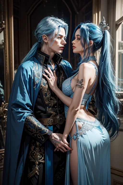 a very handsome androgynous man(woman face) with long blue hair wizard clothes refined kissing a very pretty woman with blue hair and using sexy lingerie