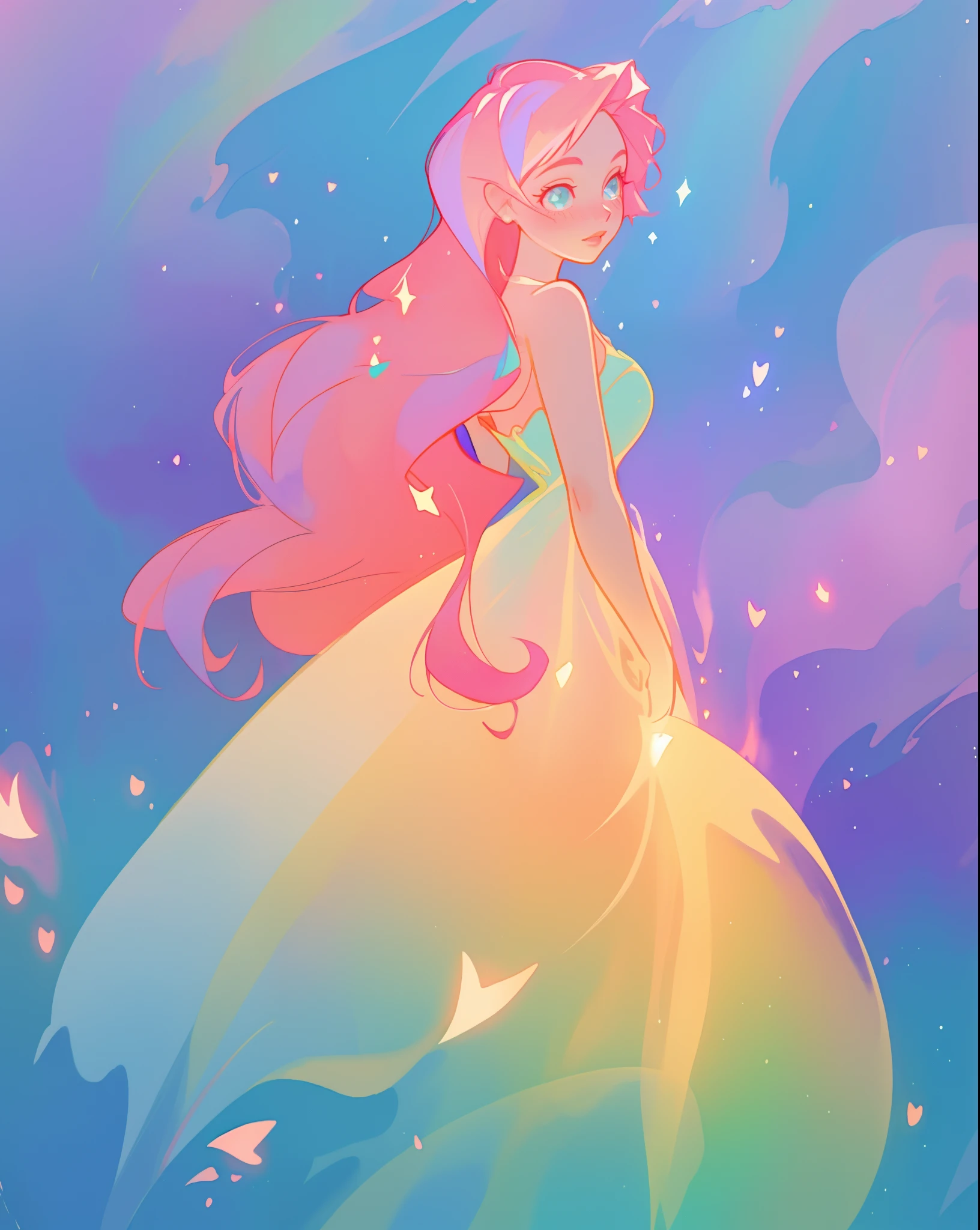 beautiful girl in sparkling gradient ballgown, long wavy peach pink hair, vibrant pastel colors, (colorful), colorful watercolor background, ethereal, magical lights, sparkling liquid light, inspired by Glen Keane, inspired by Lois van Baarle, disney art style, by Lois van Baarle, glowing aura around her, by Glen Keane, jen bartel, glowing lights! digital painting, flowing glowing hair, glowing flowing hair, beautiful digital illustration, fantasia background, whimsical, magical, fantasy, beautiful face, ((masterpiece, best quality)), intricate details, highly detailed, sharp focus, 8k resolution, sparkling detailed eyes, liquid watercolor