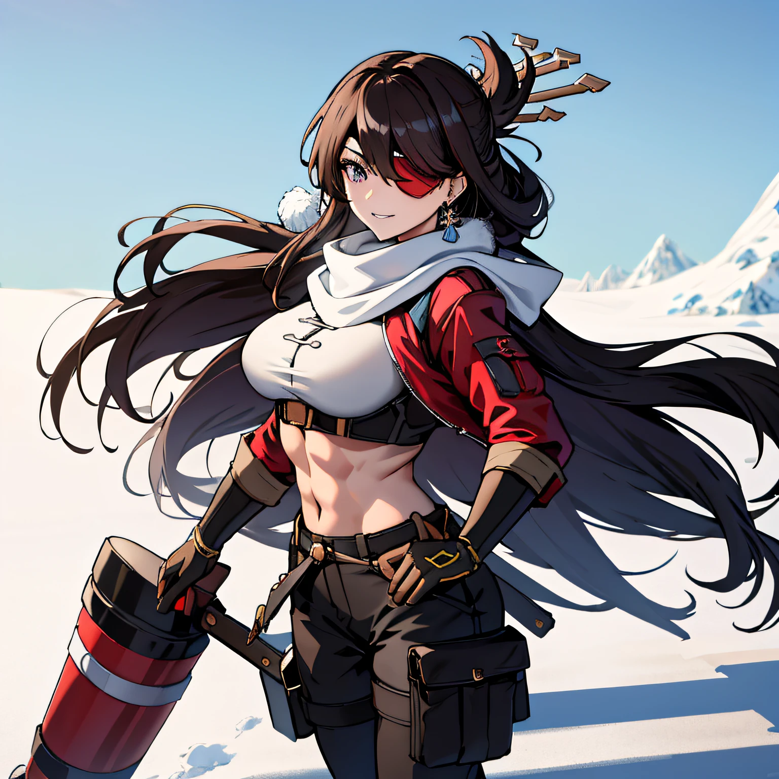 (absurdres, 8k, 4k, masterpiece, hyper extreme detailed:1.2), solo, 1girl, front view portrait, best quality, expressive eyes, perfect face, 1girl, portrait, solo, Female, mature female, adult, brown hair, eyepatch, long hair, pirate, cool, confident, perfect anatomy, messy hair, wild hair, snowy, day time, white sky, cowboy shot, full body, perfect anatomy, flowing hair, windy hair, wind, beidoudef, beidournd, winter wear, front view, looking forward, toned body, muscular, athletic, flexible, strong, large bust, winter coat, long sleeve shirt, scarf, cargo pants, gloves, snow, snowy, winter, blizzard,