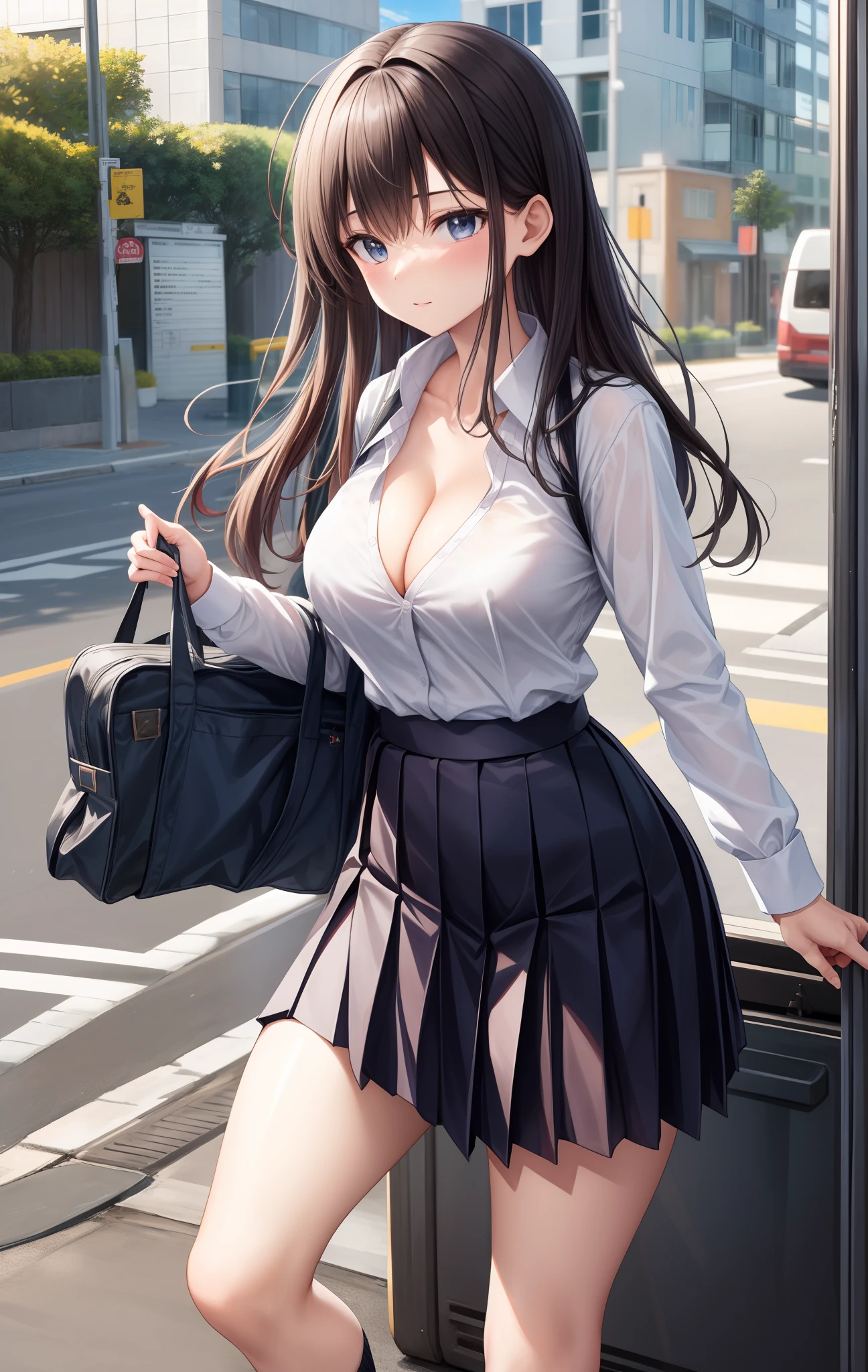 Long sleeves, Pleated skirt, School uniform, Shirt, Skirt, sleeves rolled up, White shirt, cleavage,