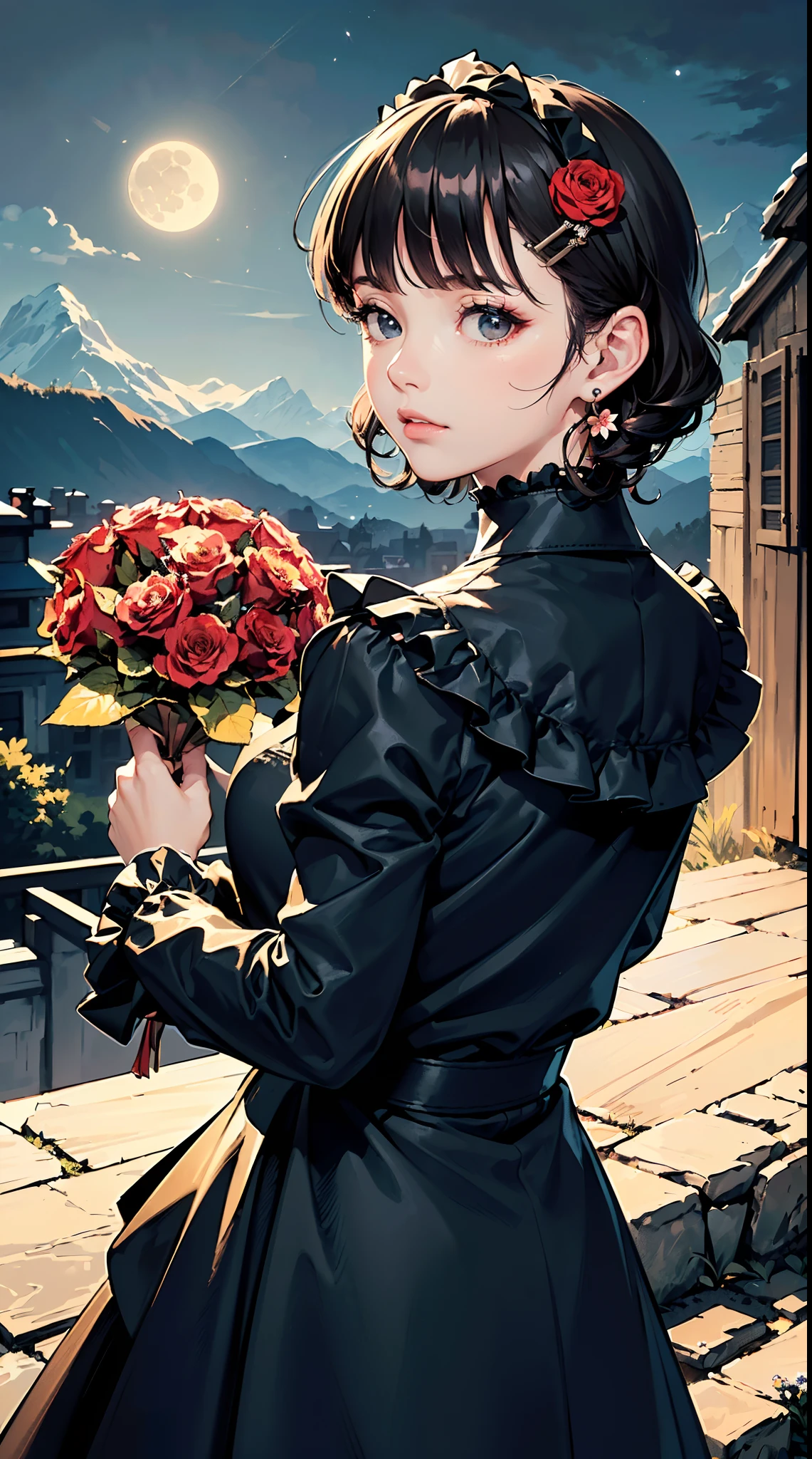 ((((carrying flower on back,))))((hands in pockets,))(Masterpiece illustration,Beautiful and aesthetic:1.2,aim to viewers), Best quality,Top quality, Epic quality,((((valley,outdoor,))))(moonlight,moon glare, god light,at night,upper upper shot,focus on face,))Neat face,underage,mature,Beautiful detailed hair，black hair，hyper HD, retinas, Textured skin, A high resolution, 16k ，((hairclip,steep bangs,sidelocks,short hair,Large bow on hair)),Detailed face, 1JK, lady,Solo, Perfect face, Very amazing girl,((,puffs sleeves,red streaked black trace shirt,frills,lolita dress,metal earrings,spiral earrings)),rim-light