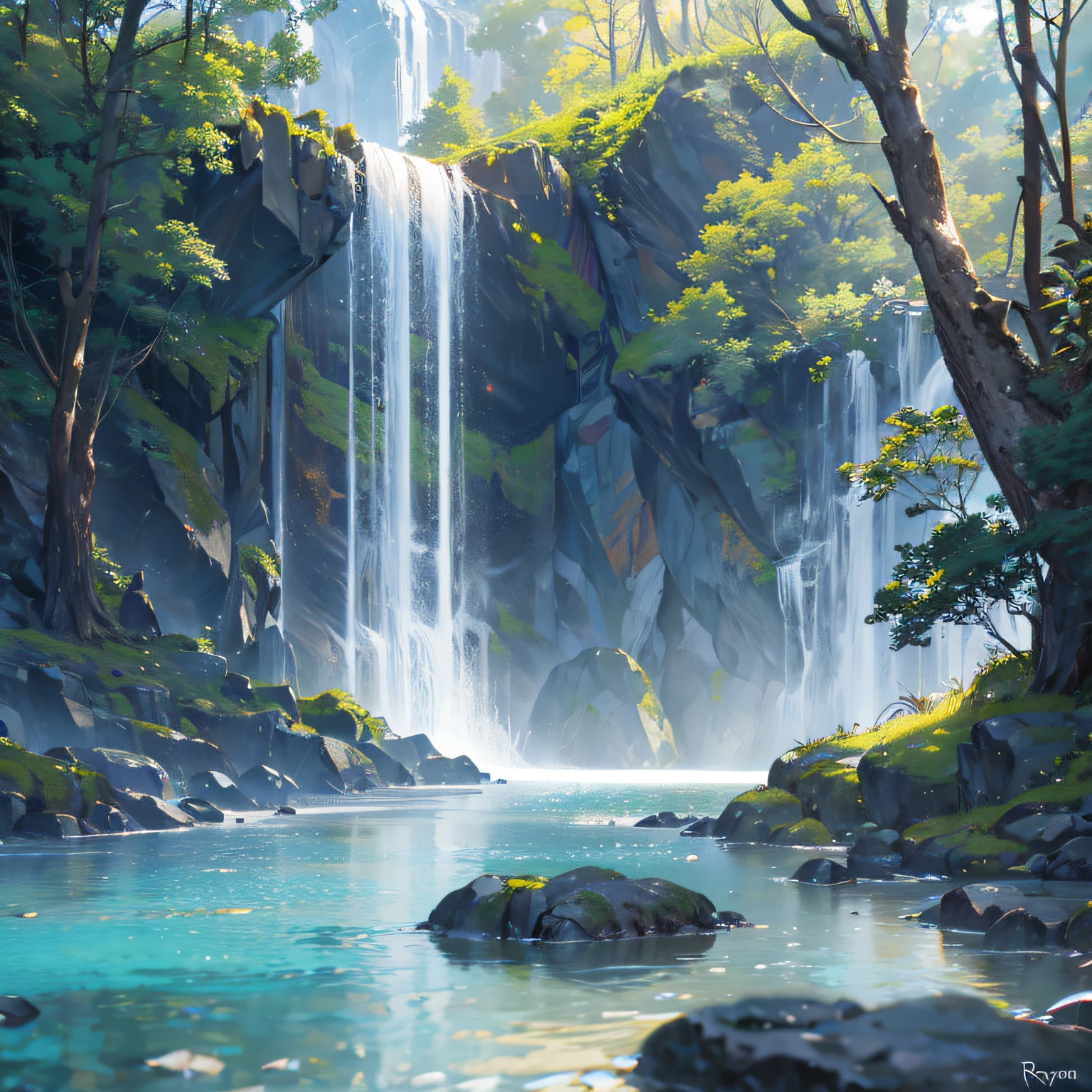 A chaotic rushing waterfall in a serene beautiful landscape, ray tracing, detailed reflections, Intricate, High Detail, dramatic, best quality masterpiece, photorealistic, detailed, 8k, HDR, backlighting, bloom, light sparkles, chromatic aberration, sharp focus