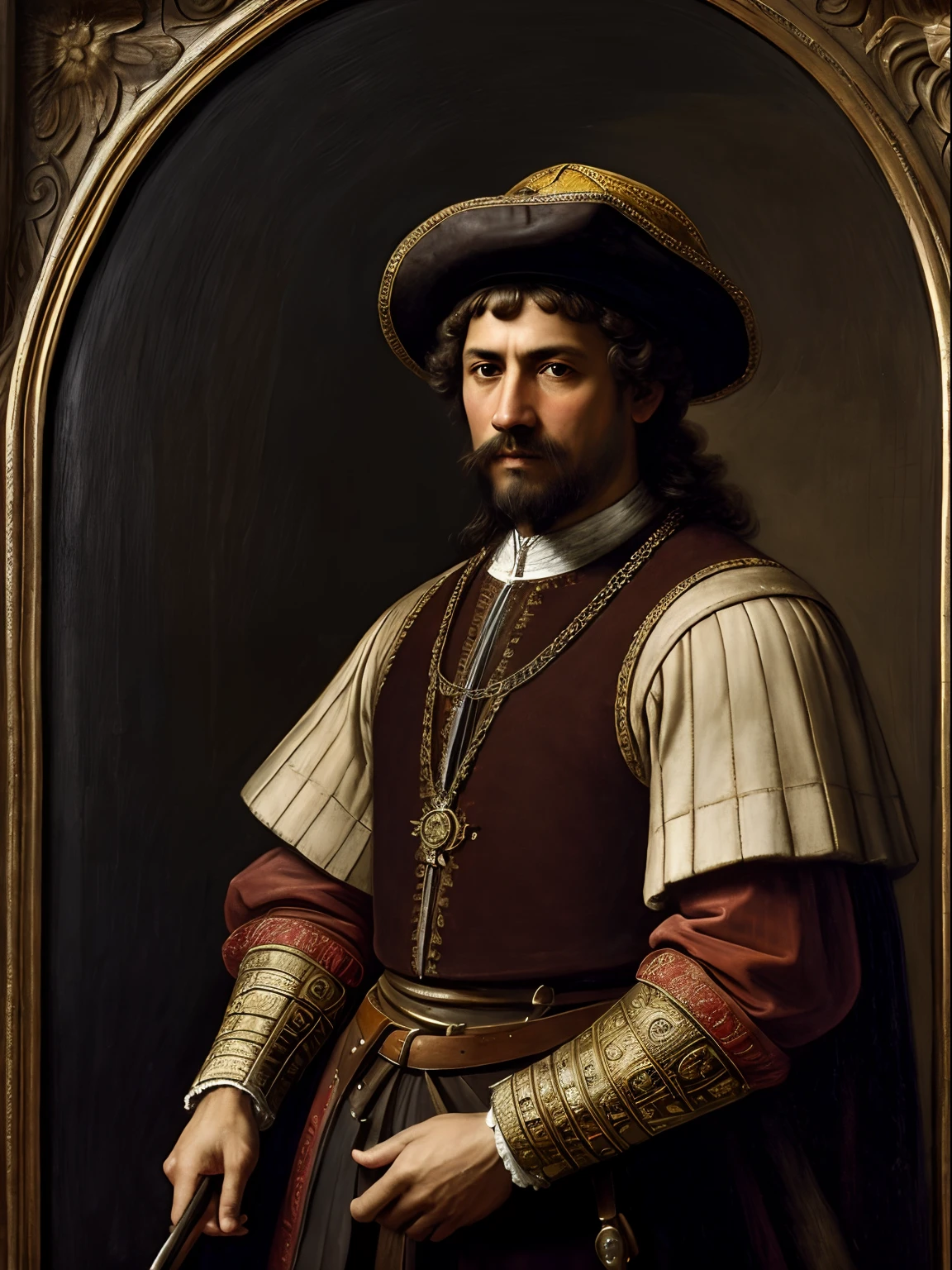 A male medieval conquistador in explorors clothing, daytime, brown skin, greying hair, medieval aesthetics, paninted photo, sharp focus, intricate details, highly detailed, depth of field, sharp focus, high detail, Impressionism, no helmet or hat, arab, Detailed oil painting, Glazing, Tenebrism, scumbling, oil painting, baroque style, by Rembrandt, by Artemisia Gentileschi, brown skin, red and brown clothing with yellow clothing, straight hair, tied back, no hat, not wearing any hat, just greying brown hair.