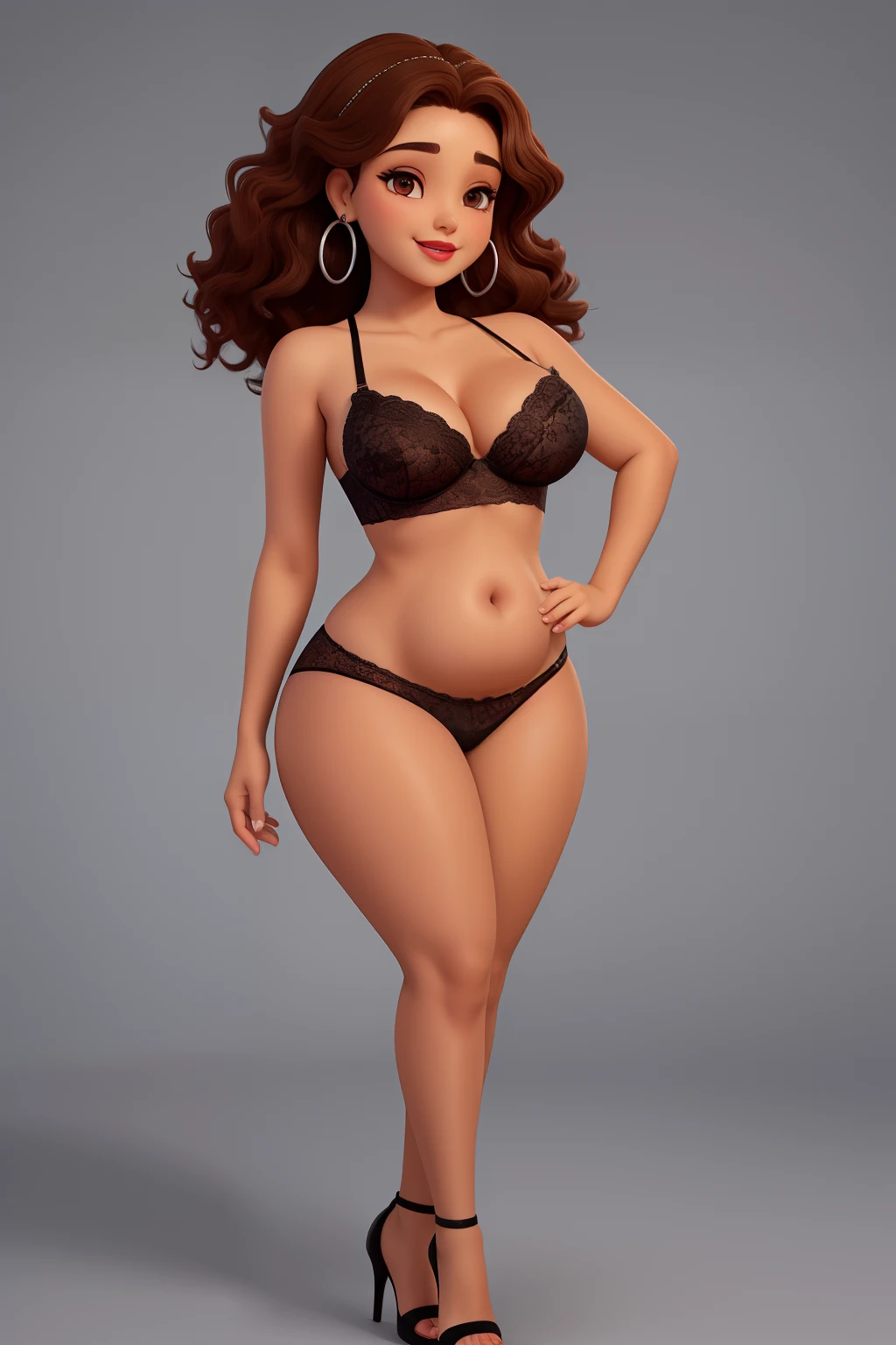 Uma linda mulher morena baixinha tenho 1,58 tall has dark brown hair short medium curly light brown eye has tattoo has a beautiful smile is wearing a ta wearing the black lace padded bra is wearing black thong is kinda chubby is wearing the silver hoop earring is wearing black makeup is wearing red lipstick is wearing black high heels 22 years old is pregnant