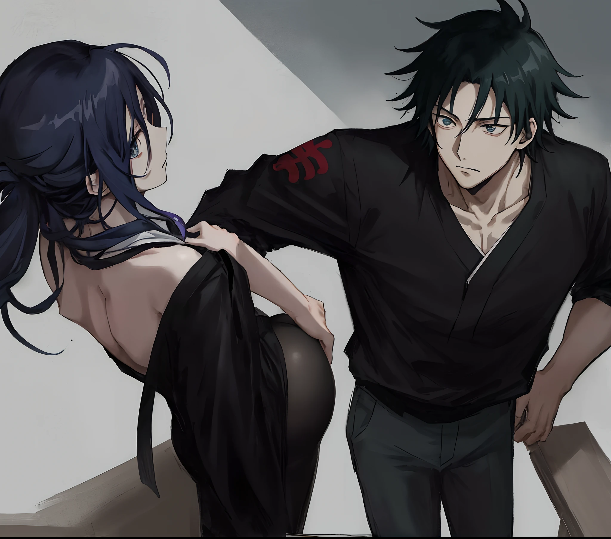 Megumi Fushiguro, a tall man, measuring 175 centimeters. His hair is dark, and he usually wears it neat and spiky; He wears his hair messy when he rests. His eyes are dark blue. He belongs to the jujutsu kaisen anime and is taking a huge in the ass while making a face of pleasure