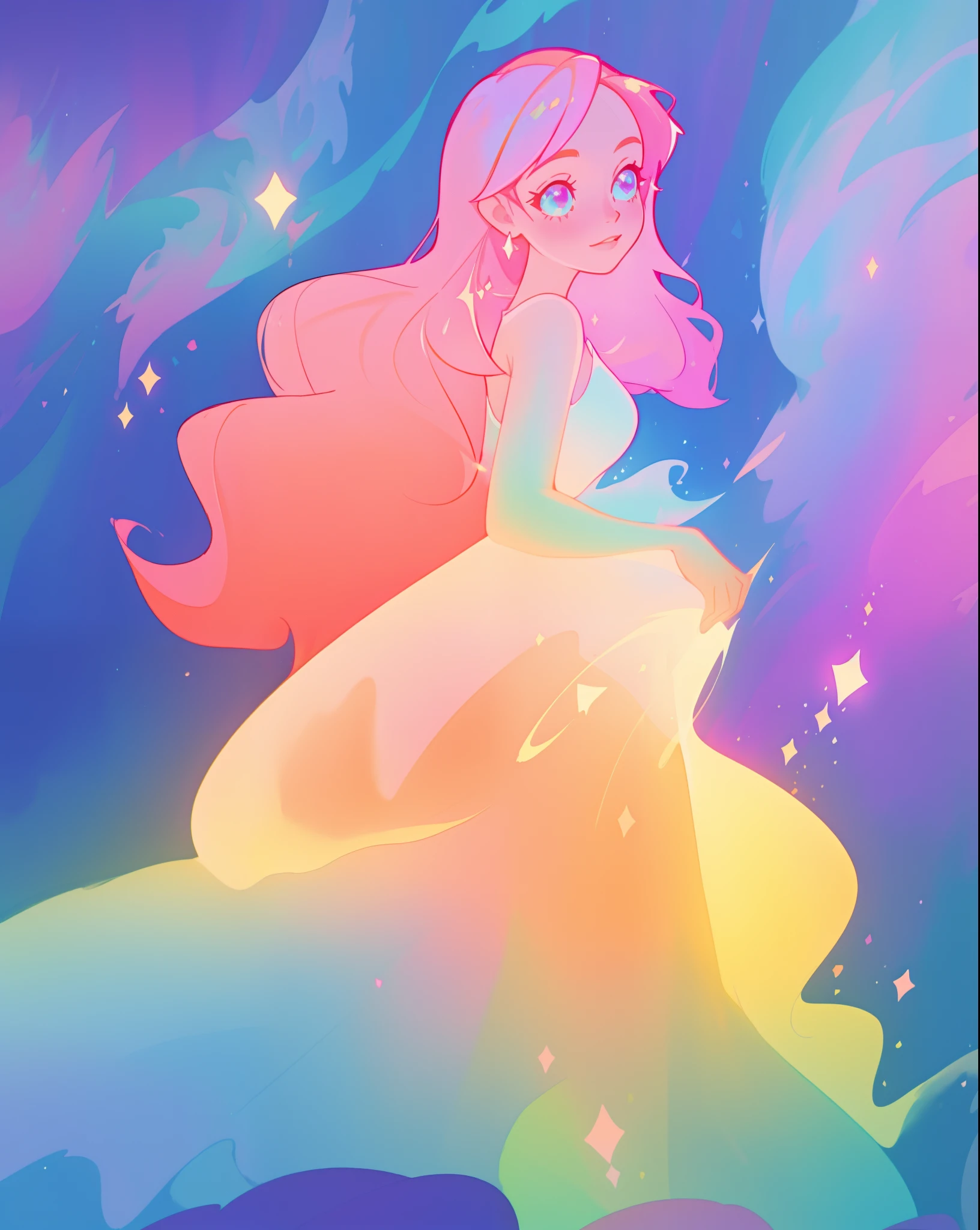 beautiful girl in sparkling gradient ballgown, long wavy peach pink hair, vibrant pastel colors, (colorful), colorful watercolor background, ethereal, magical lights, sparkling liquid light, inspired by Glen Keane, inspired by Lois van Baarle, disney art style, by Lois van Baarle, glowing aura around her, by Glen Keane, jen bartel, glowing lights! digital painting, flowing glowing hair, glowing flowing hair, beautiful digital illustration, fantasia background, whimsical, magical, fantasy, beautiful face, ((masterpiece, best quality)), intricate details, highly detailed, sharp focus, 8k resolution, sparkling detailed eyes, liquid watercolor