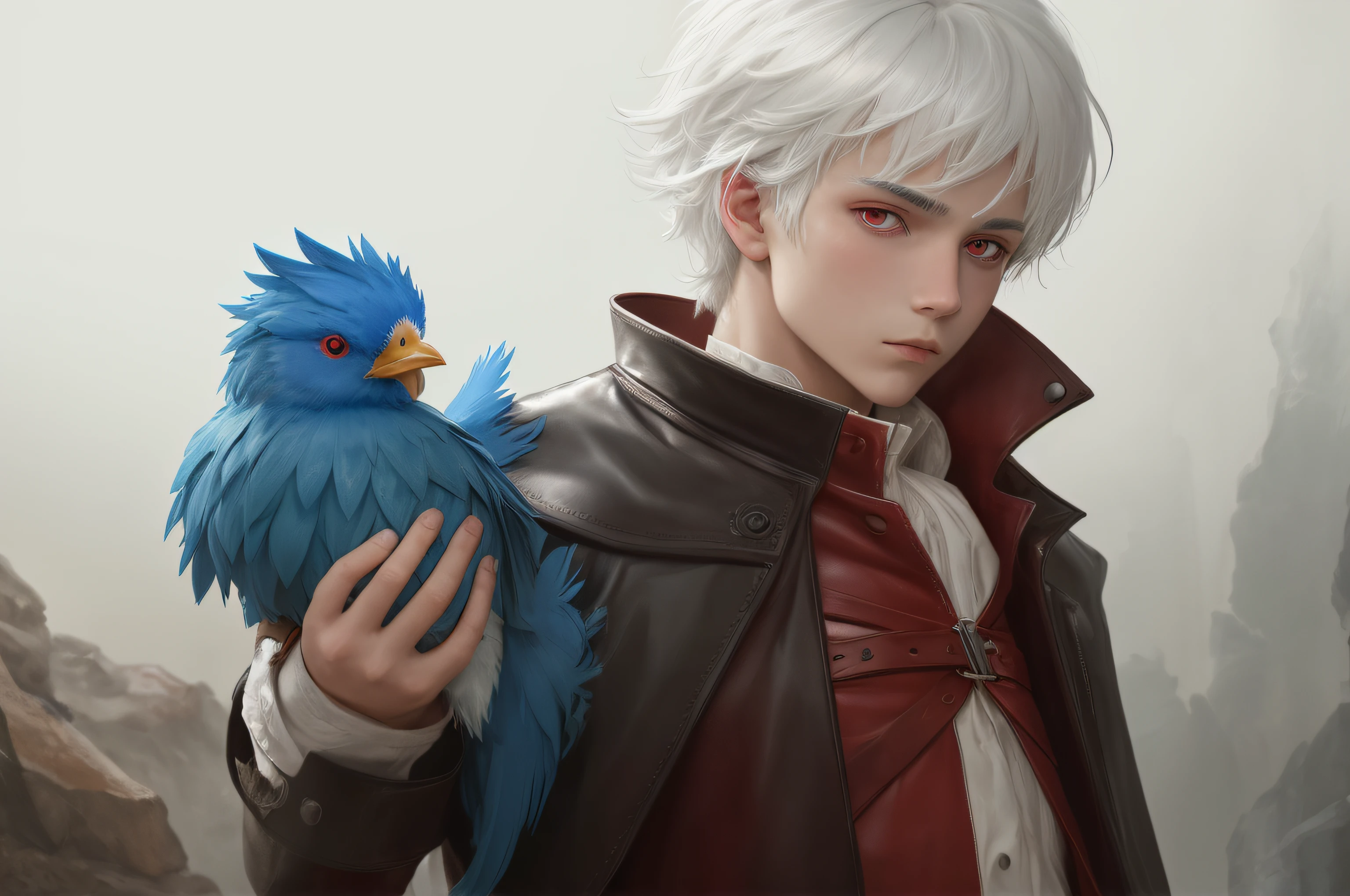 a human boy with white hair and red eyes wearing a leather cape and holding a blue chicken in his arms