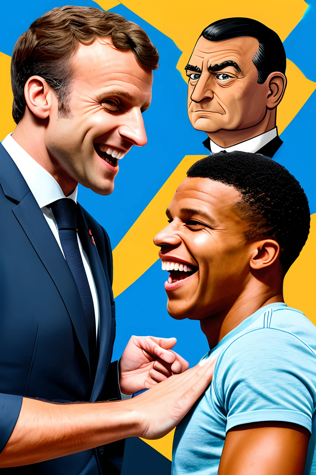 Fill the blank with a Marine Lepen caricature looking down at the two characters with a mean look