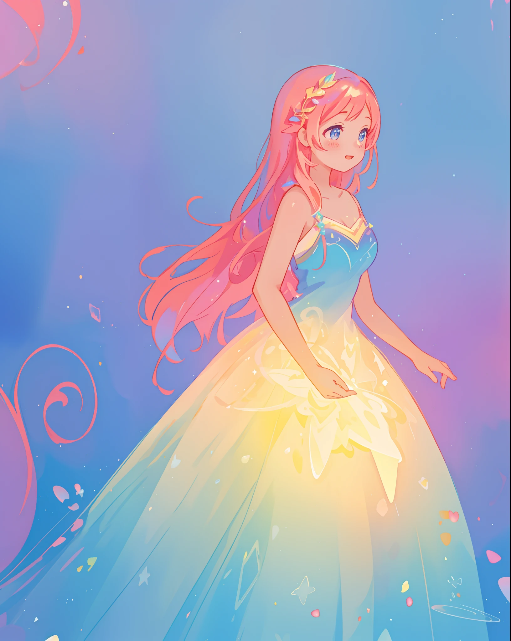beautiful girl in sparkling gradient ballgown, long wavy peach pink hair, vibrant pastel colors, (colorful), colorful watercolor background, ethereal, magical lights, sparkling liquid light, inspired by Glen Keane, inspired by Lois van Baarle, disney art style, by Lois van Baarle, glowing aura around her, by Glen Keane, jen bartel, glowing lights! digital painting, flowing glowing hair, glowing flowing hair, beautiful digital illustration, fantasia background, whimsical, magical, fantasy, beautiful face, ((masterpiece, best quality)), intricate details, highly detailed, sharp focus, 8k resolution, sparkling detailed eyes, liquid watercolor