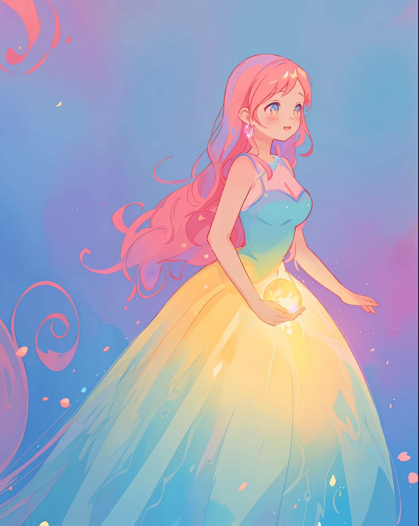 beautiful girl in sparkling gradient ballgown, long wavy peach pink hair, vibrant pastel colors, (colorful), colorful watercolor background, ethereal, magical lights, sparkling liquid light, inspired by Glen Keane, inspired by Lois van Baarle, disney art style, by Lois van Baarle, glowing aura around her, by Glen Keane, jen bartel, glowing lights! digital painting, flowing glowing hair, glowing flowing hair, beautiful digital illustration, fantasia background, whimsical, magical, fantasy, beautiful face, ((masterpiece, best quality)), intricate details, highly detailed, sharp focus, 8k resolution, sparkling detailed eyes, liquid watercolor