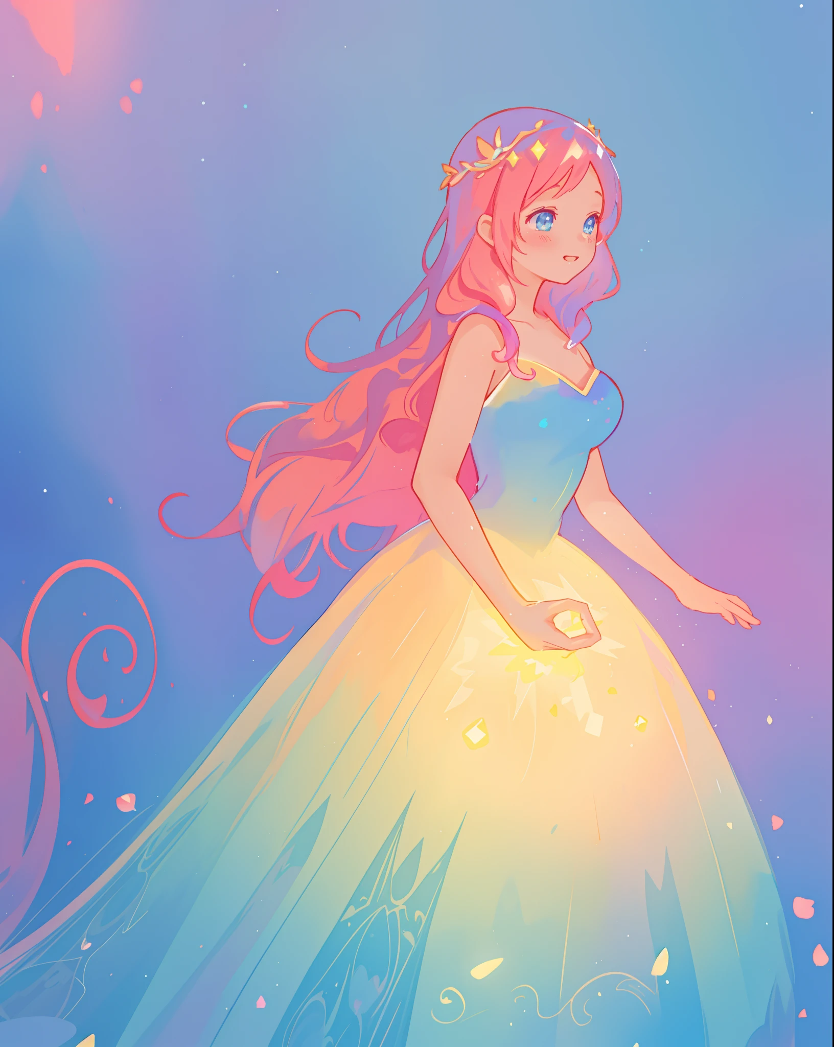 beautiful girl in sparkling gradient ballgown, long wavy peach pink hair, vibrant pastel colors, (colorful), colorful watercolor background, ethereal, magical lights, sparkling liquid light, inspired by Glen Keane, inspired by Lois van Baarle, disney art style, by Lois van Baarle, glowing aura around her, by Glen Keane, jen bartel, glowing lights! digital painting, flowing glowing hair, glowing flowing hair, beautiful digital illustration, fantasia background, whimsical, magical, fantasy, beautiful face, ((masterpiece, best quality)), intricate details, highly detailed, sharp focus, 8k resolution, sparkling detailed eyes, liquid watercolor