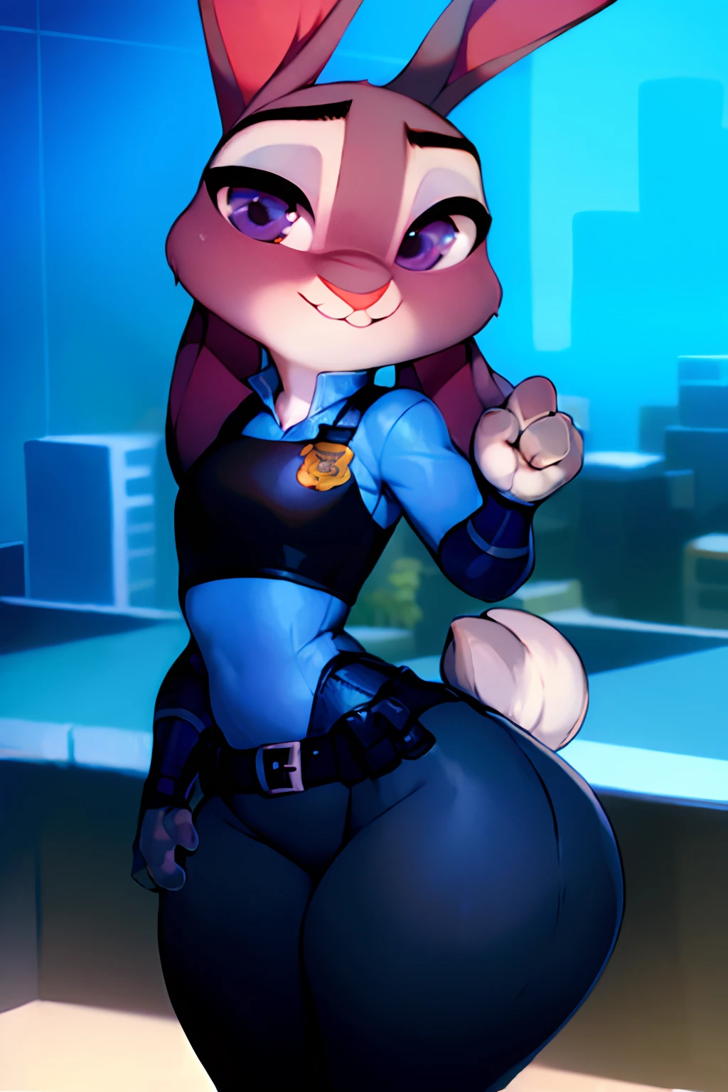 mejor calidad, obra maestra, solo, 1girl, JudyHopps, police uniform, grandes caderas