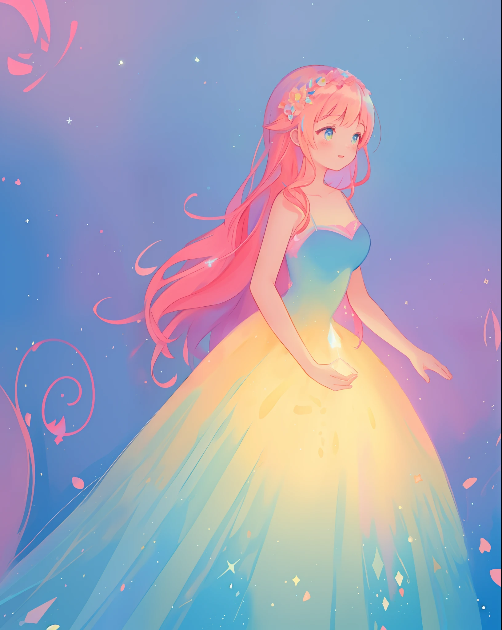 beautiful girl in sparkling gradient ballgown, long wavy peach pink hair, vibrant pastel colors, (colorful), colorful watercolor background, ethereal, magical lights, sparkling liquid light, inspired by Glen Keane, inspired by Lois van Baarle, disney art style, by Lois van Baarle, glowing aura around her, by Glen Keane, jen bartel, glowing lights! digital painting, flowing glowing hair, glowing flowing hair, beautiful digital illustration, fantasia background, whimsical, magical, fantasy, beautiful face, ((masterpiece, best quality)), intricate details, highly detailed, sharp focus, 8k resolution, sparkling detailed eyes, liquid watercolor