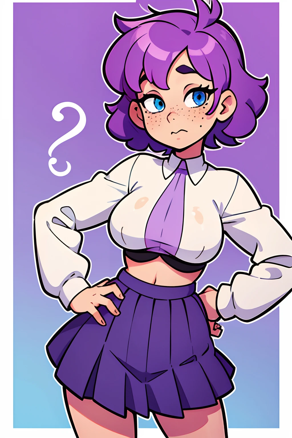 girl, Short curly pastel purple hair, has heterochromia, has vitiligo, freckles, septum piercing, medium tits, wearing a long sleeve crop top and a pleated skirt